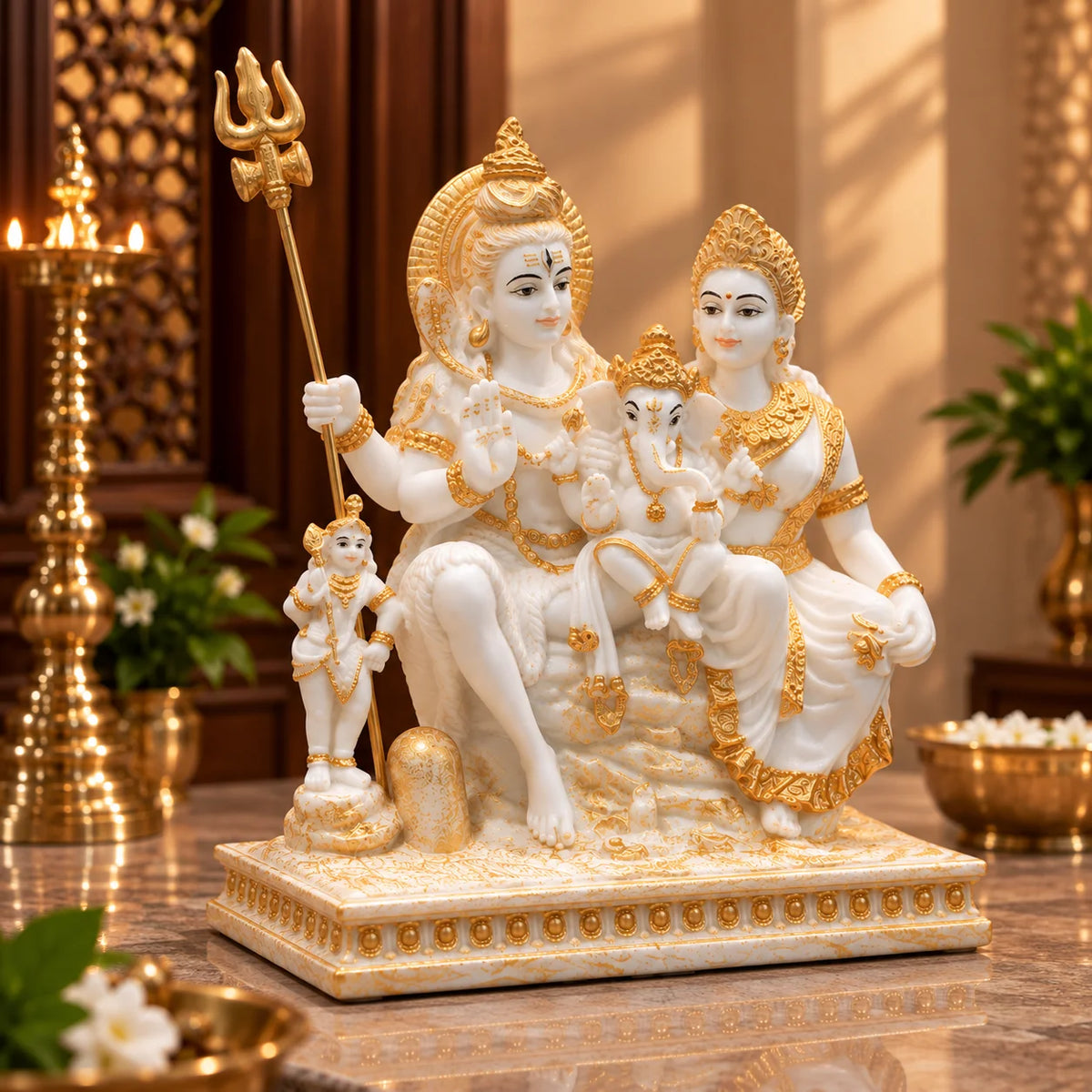White & Gold Shiv Parivar Idol with Lord Shiva, Goddess Parvati and Lord Ganesha