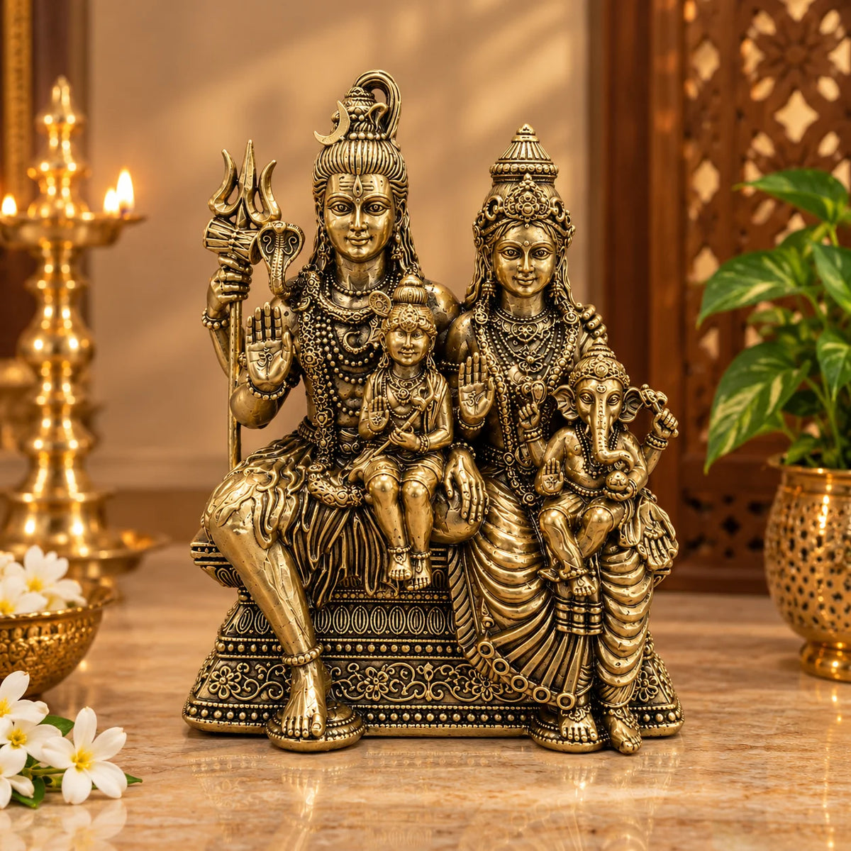 Brass Shiv Parivar Statue with Lord Shiva, Goddess Parvati, Lord Ganesha & Kartikeya