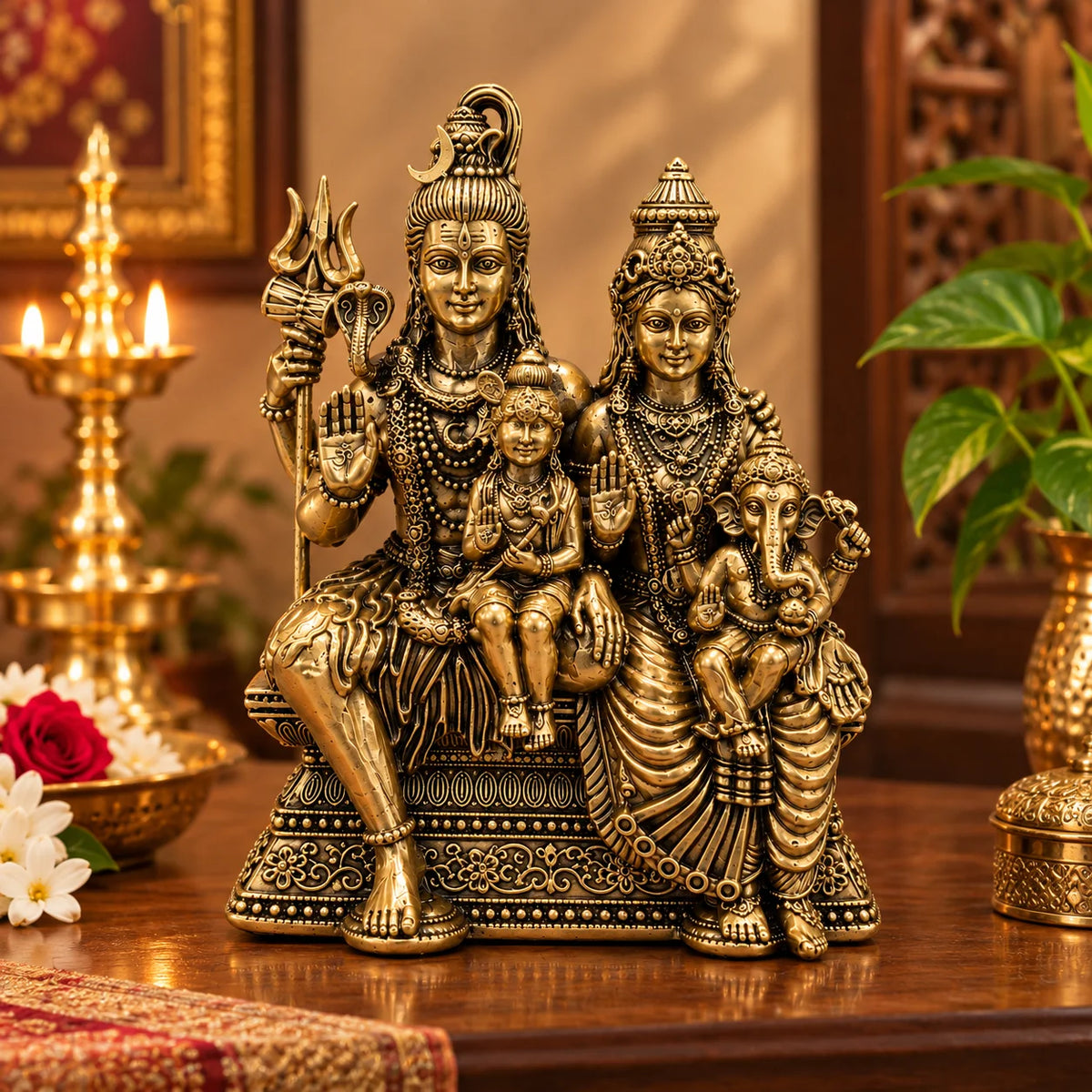 Brass Shiv Parivar Statue with Lord Shiva, Goddess Parvati, Lord Ganesha & Kartikeya
