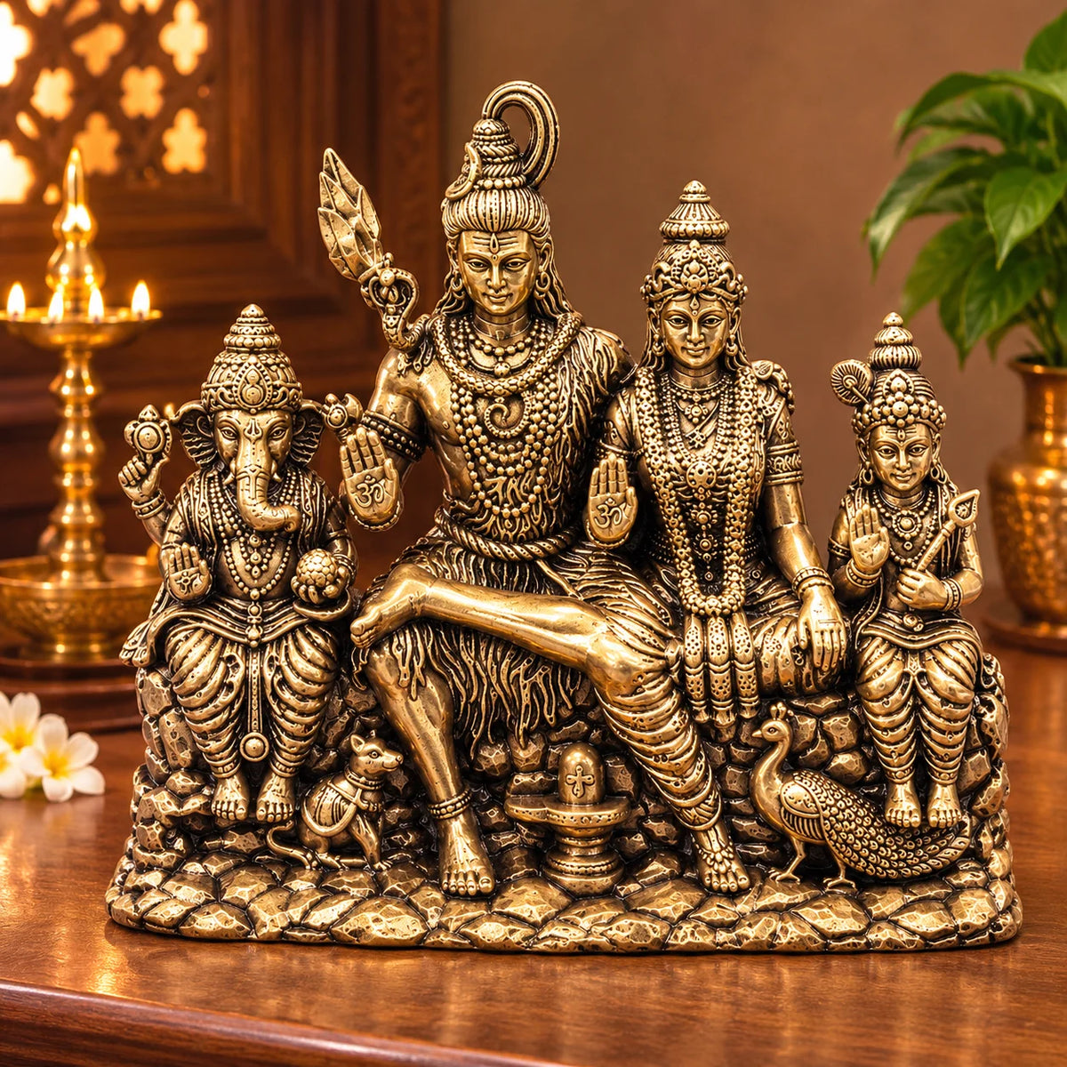Brass Shiv Parivar Statue with Lord Shiva, Goddess Parvati, Lord Ganesha & Kartikeya