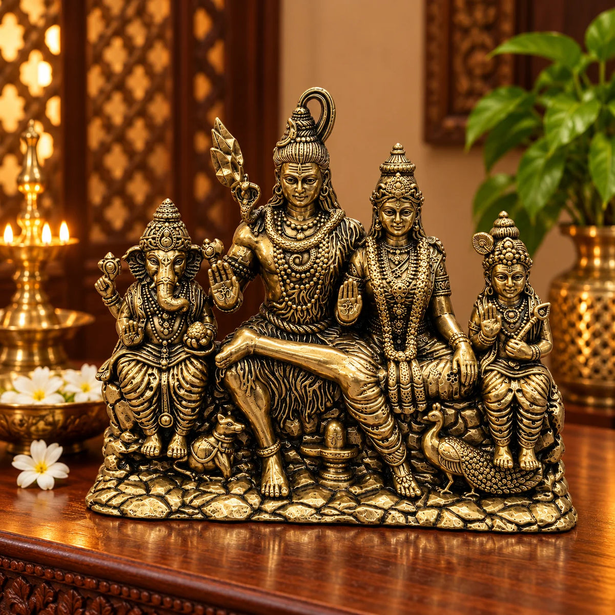Brass Shiv Parivar Statue with Lord Shiva, Goddess Parvati, Lord Ganesha & Kartikeya