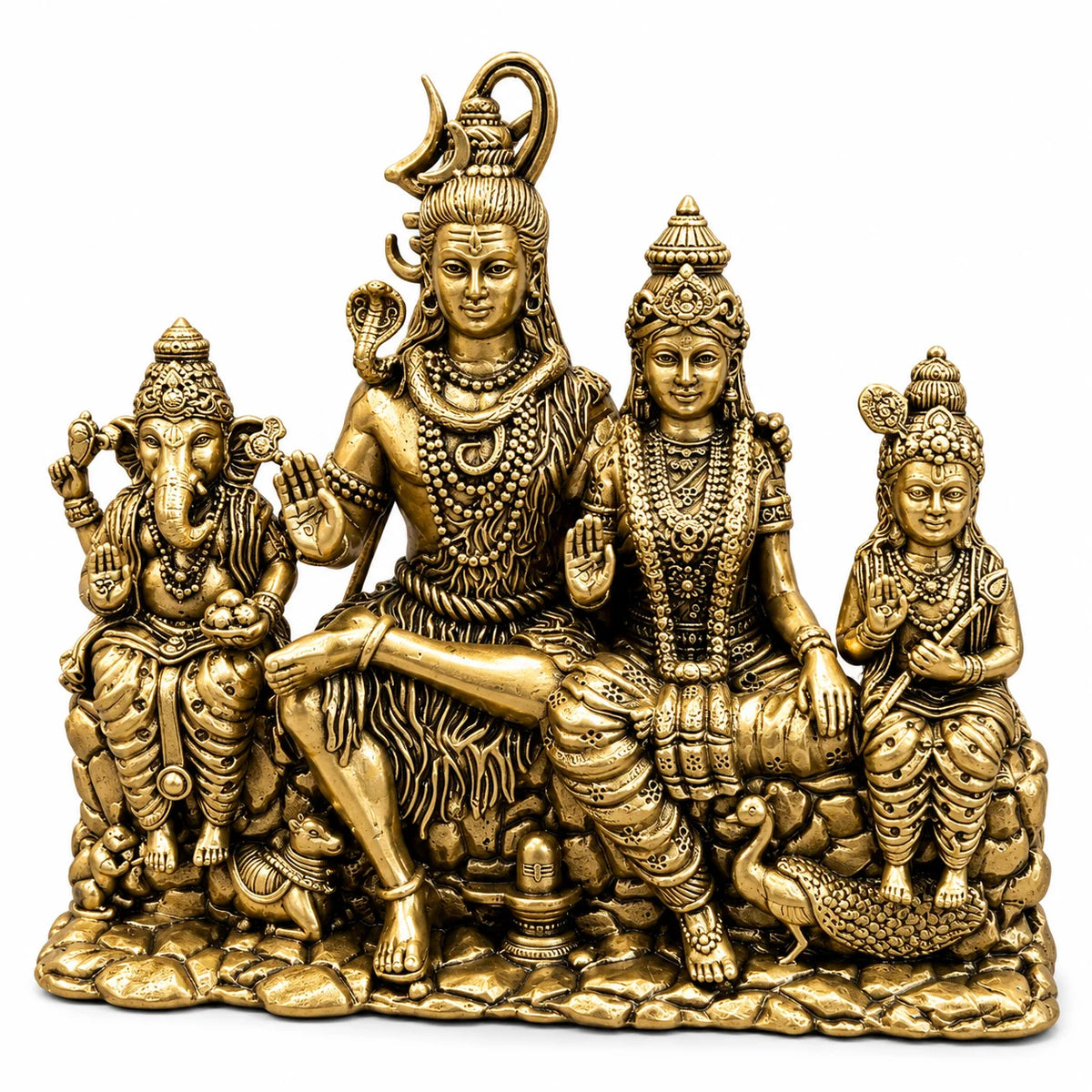 Antique Gold Shiv Parivar Statue with Lord Ganesha and Kartikeya