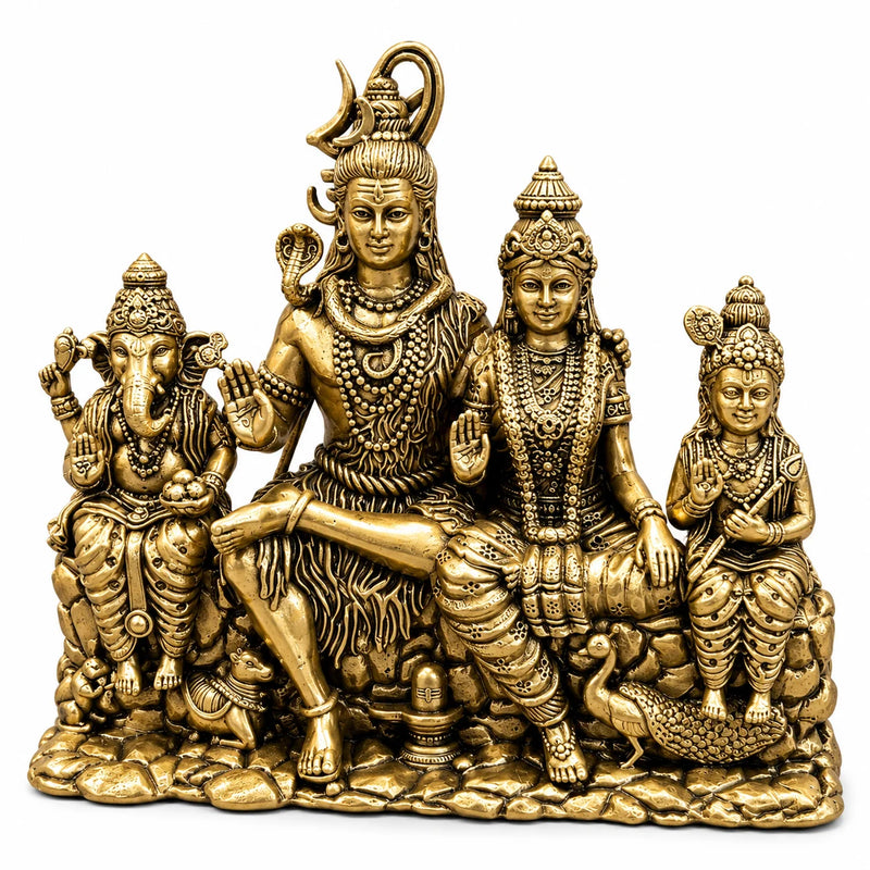 Antique Gold Shiv Parivar Statue with Lord Ganesha and Kartikeya