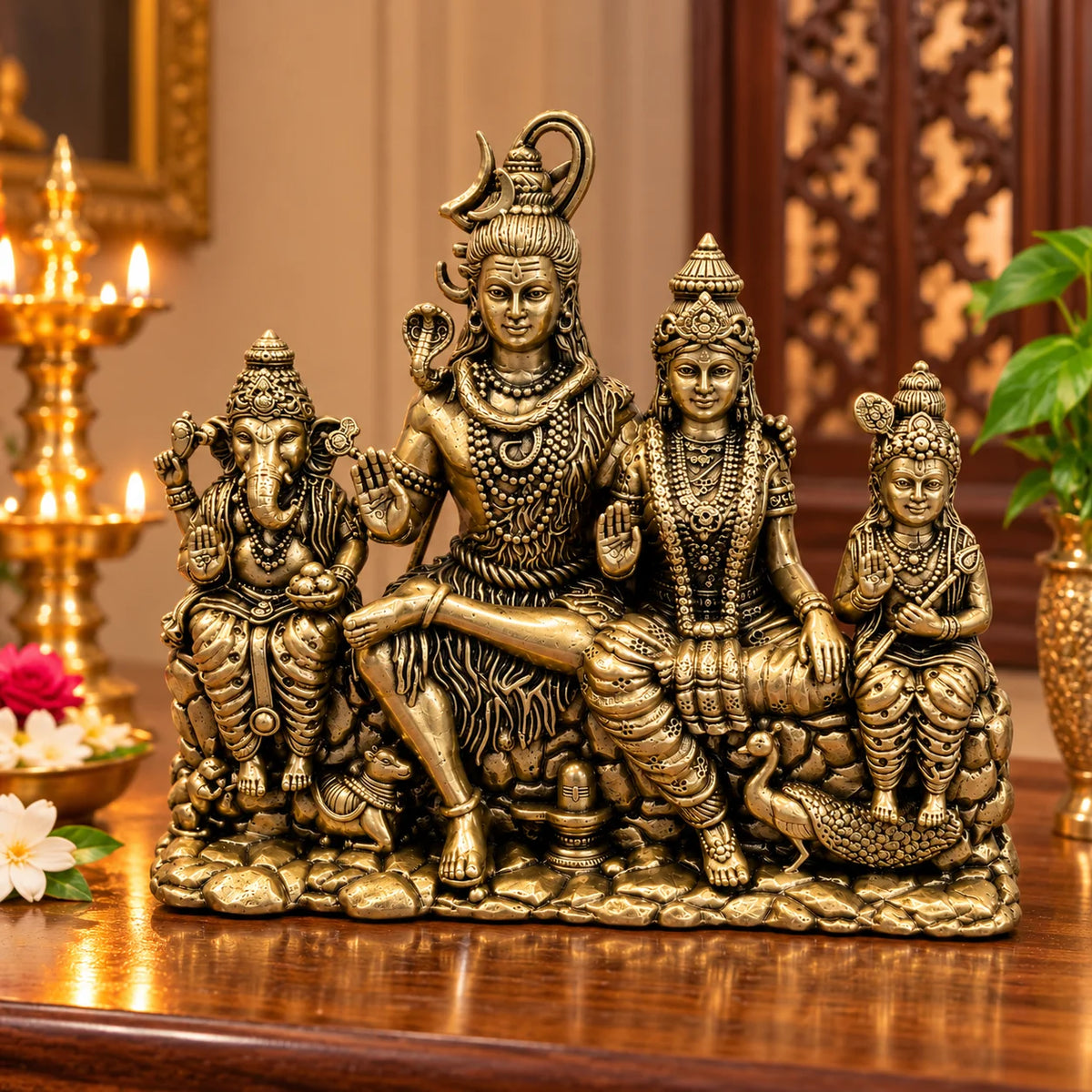 Antique Gold Shiv Parivar Statue with Lord Ganesha and Kartikeya