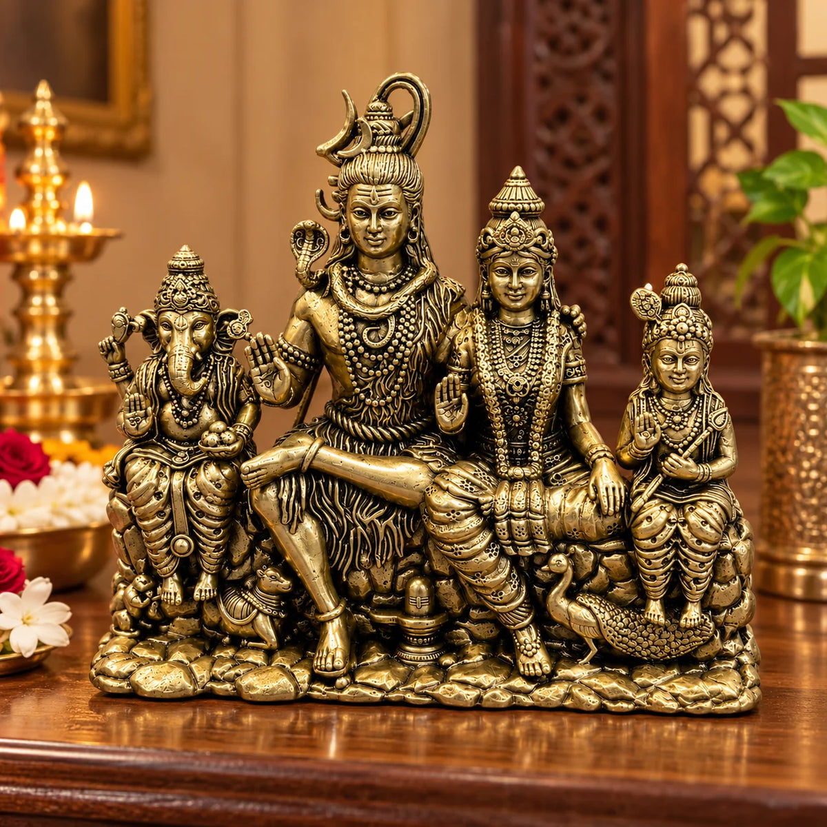 Antique Gold Shiv Parivar Statue with Lord Ganesha and Kartikeya
