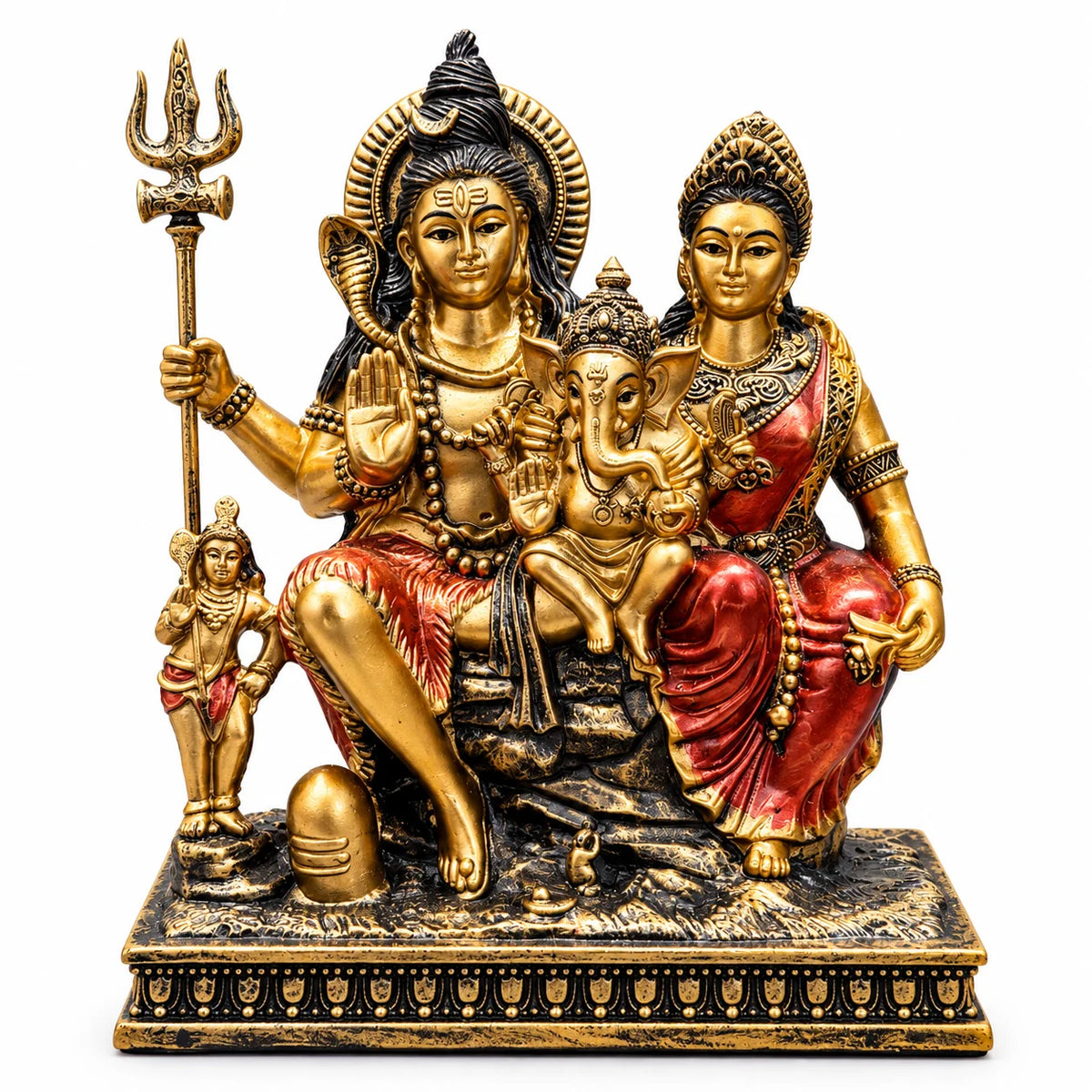 Antique Golden Shiv Parivar Statue with Lord Shiva, Goddess Parvati and Lord Ganesha