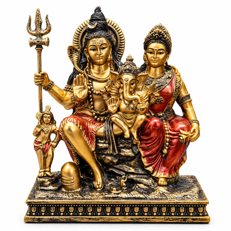 Antique Golden Shiv Parivar Statue with Lord Shiva, Goddess Parvati and Lord Ganesha
