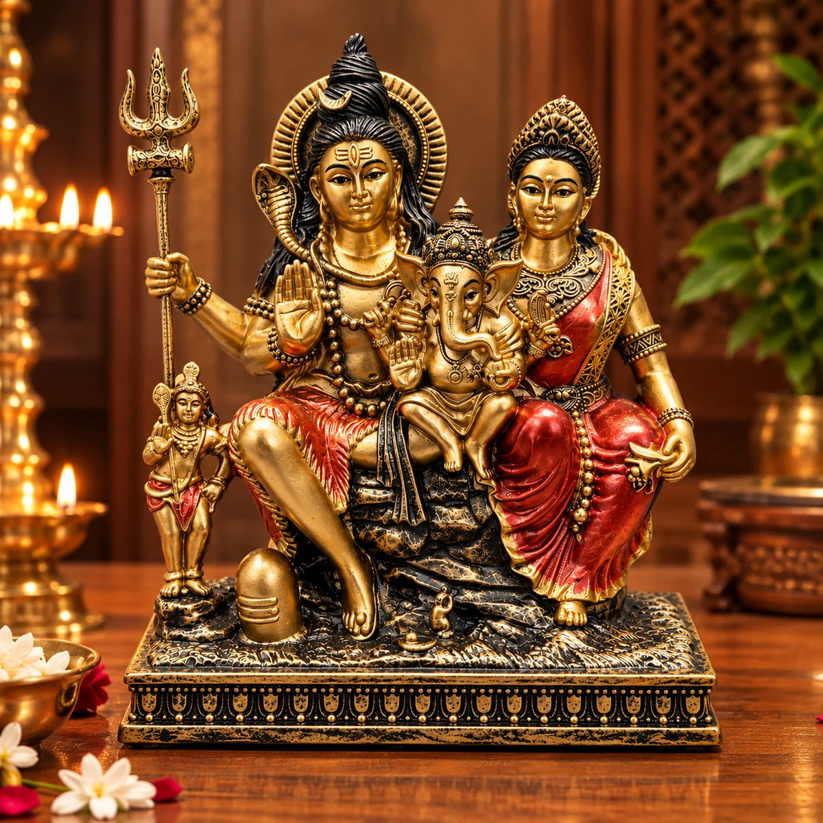 Antique Golden Shiv Parivar Statue with Lord Shiva, Goddess Parvati and Lord Ganesha
