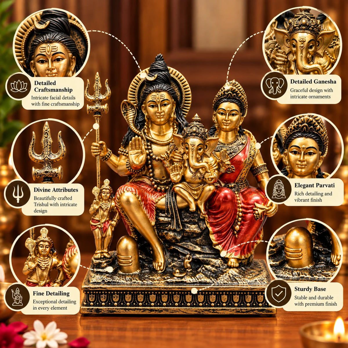 Antique Golden Shiv Parivar Statue with Lord Shiva, Goddess Parvati and Lord Ganesha
