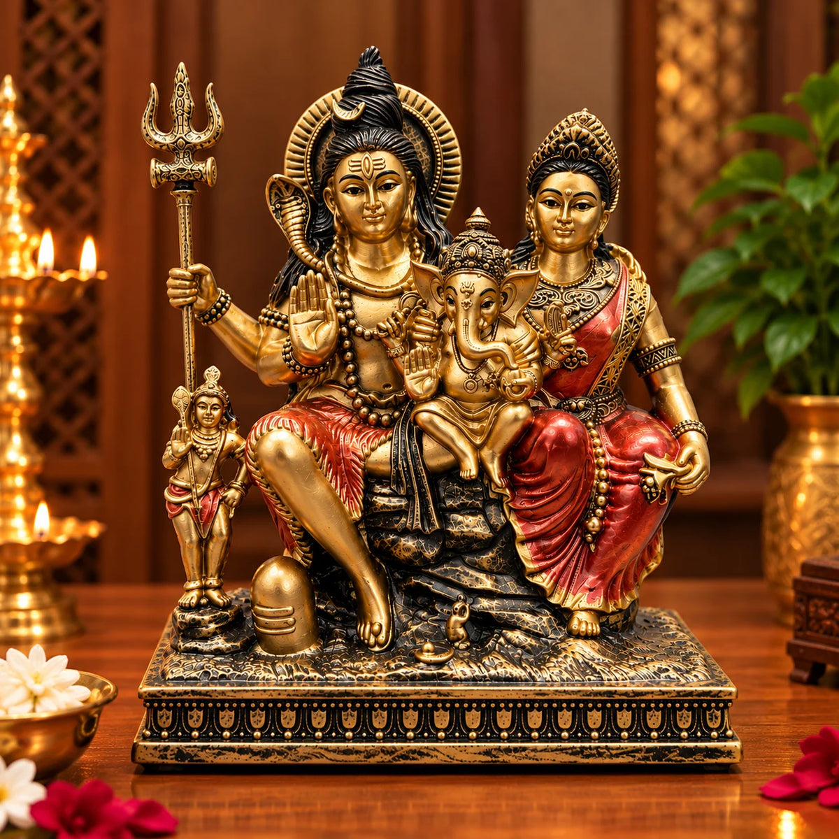 Antique Golden Shiv Parivar Statue with Lord Shiva, Goddess Parvati and Lord Ganesha