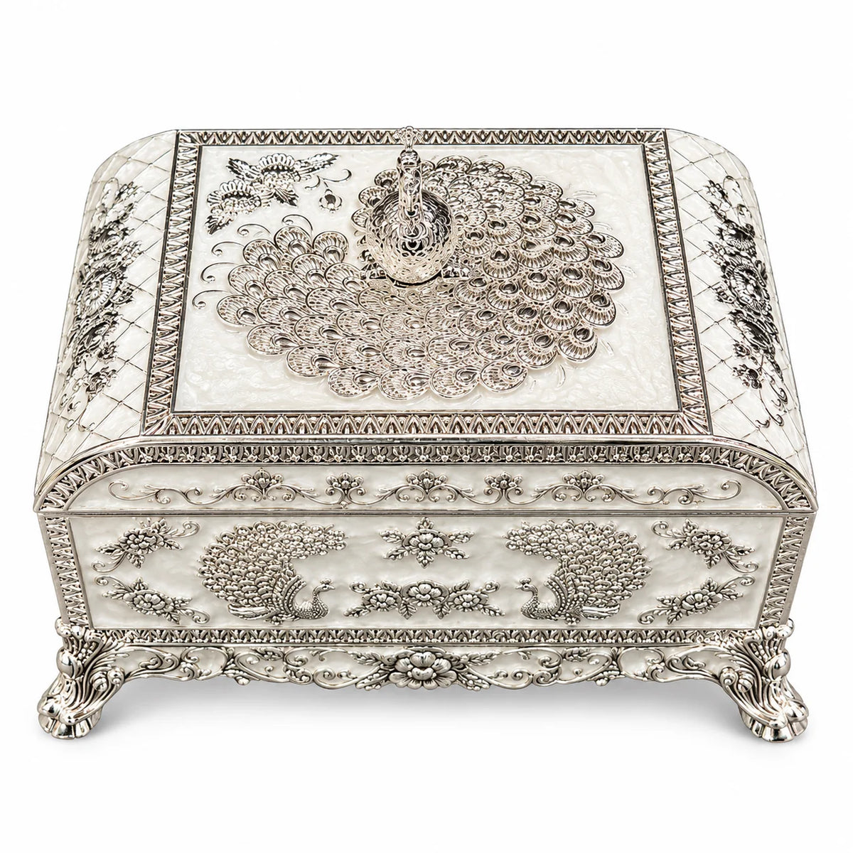 Silver Peacock Embossed Decorative Jewellery Box