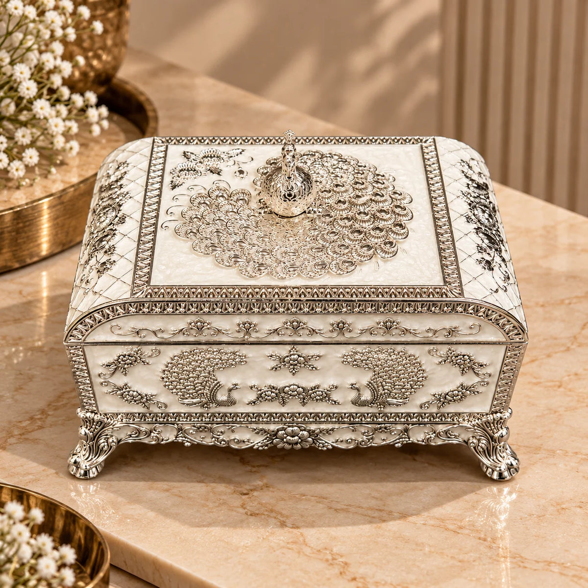 Silver Peacock Embossed Decorative Jewellery Box
