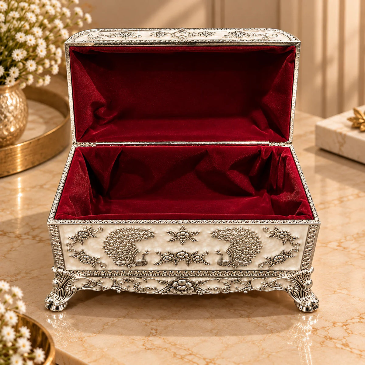 Silver Peacock Embossed Decorative Jewellery Box