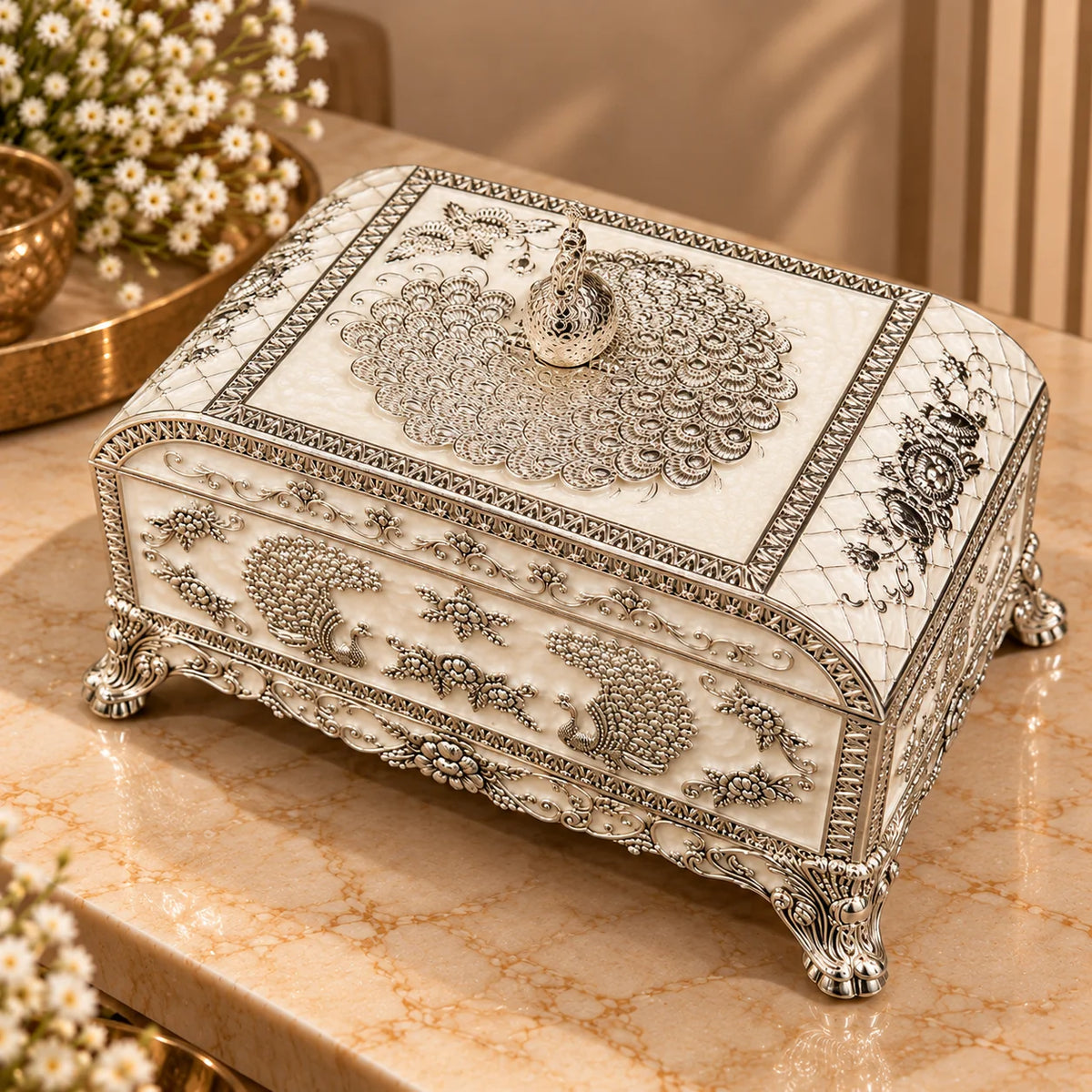Silver Peacock Embossed Decorative Jewellery Box