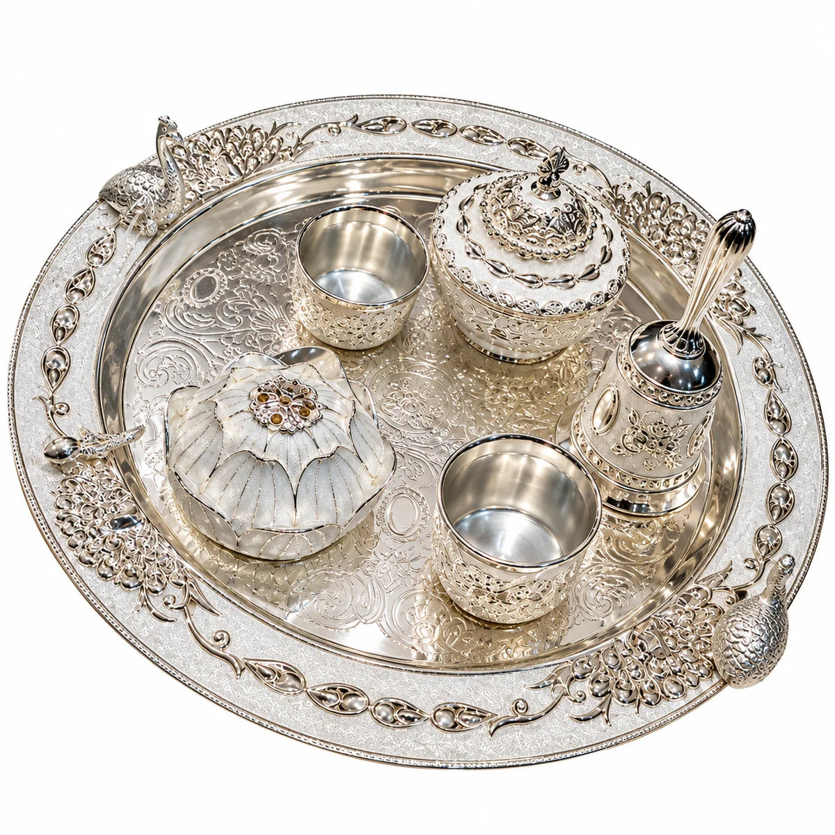 Premium Silver Finish Pooja Thali Set with Peacock Design, Bowls & Decorative Containers