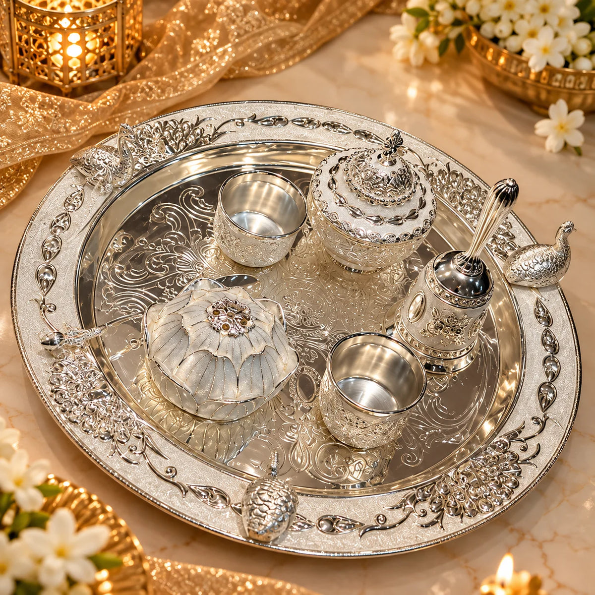 Premium Silver Finish Pooja Thali Set with Peacock Design, Bowls & Decorative Containers