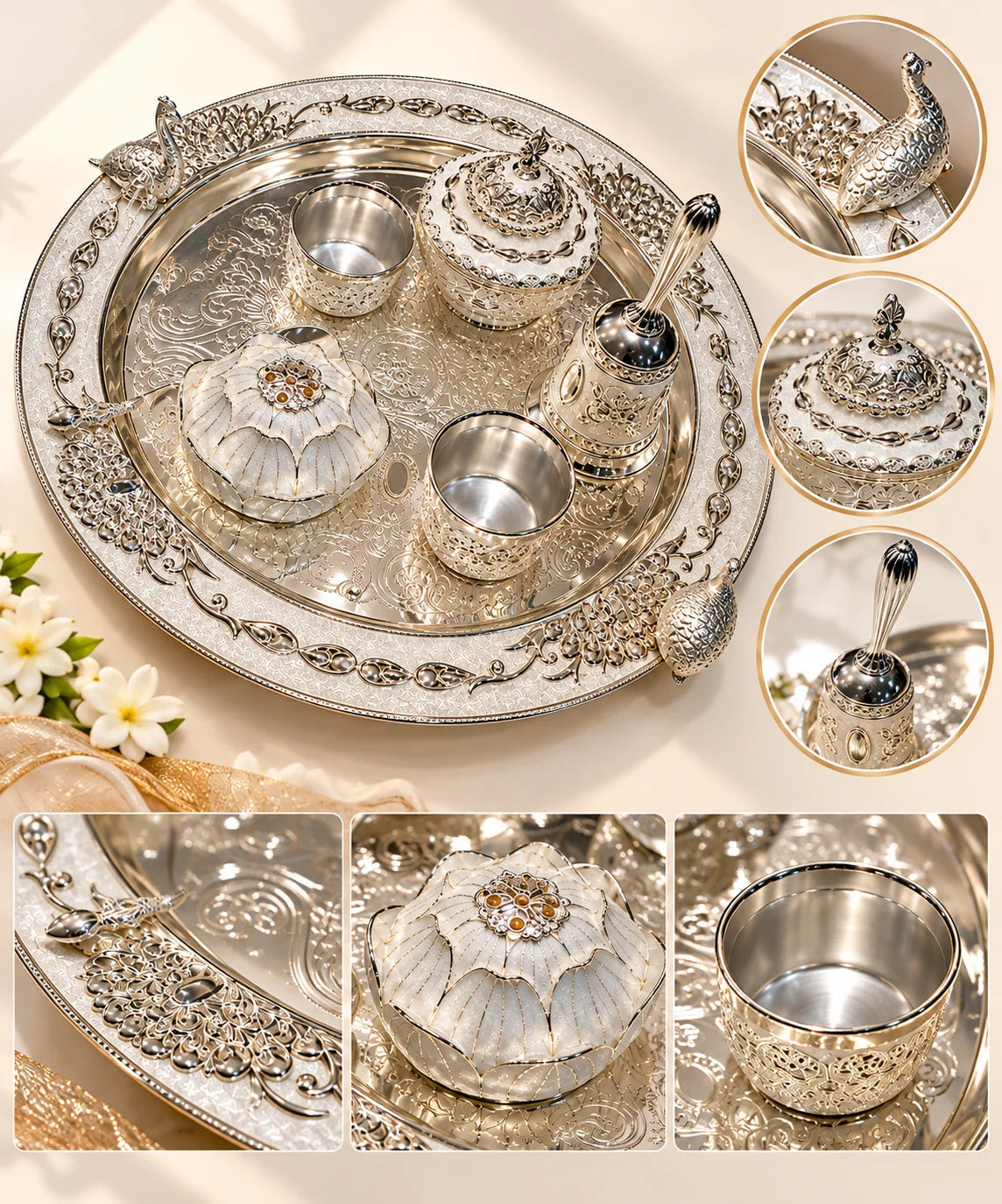 Premium Silver Finish Pooja Thali Set with Peacock Design, Bowls & Decorative Containers
