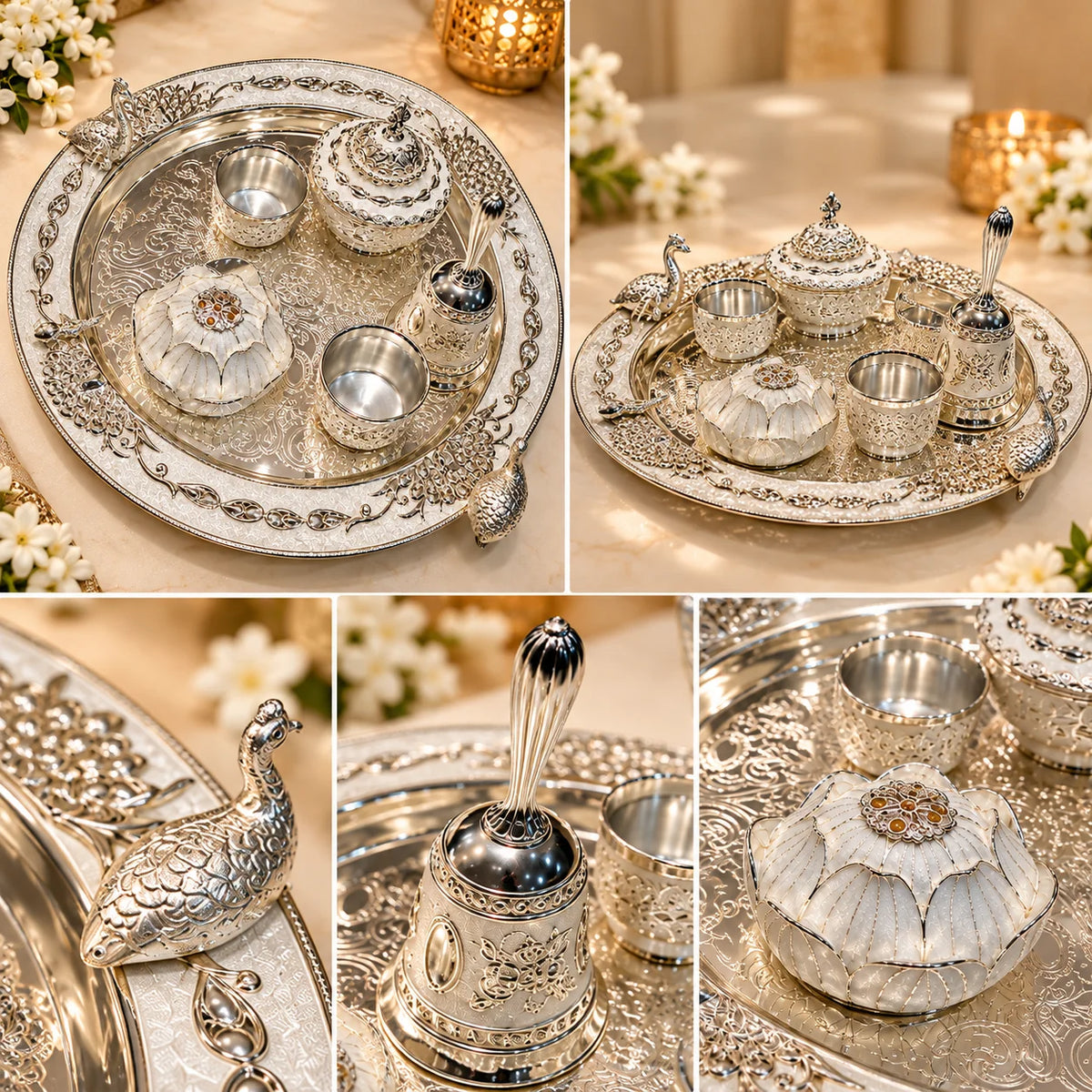 Premium Silver Finish Pooja Thali Set with Peacock Design, Bowls & Decorative Containers