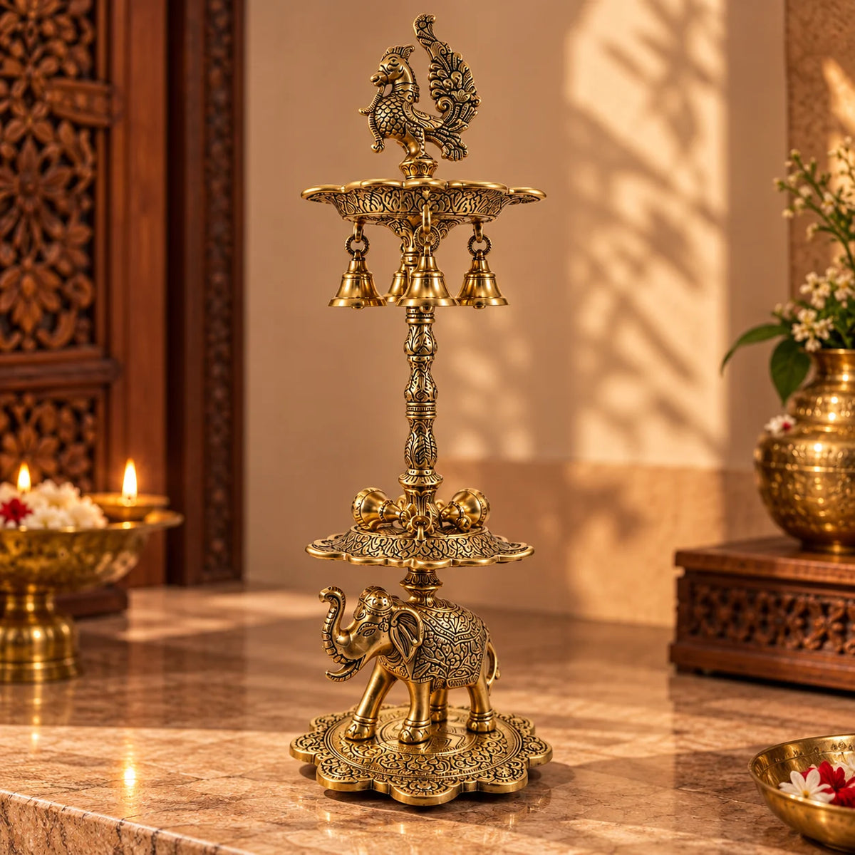 Traditional Brass Pooja Oil Lamp | Decorative Diya with Elephant & Peacock Design