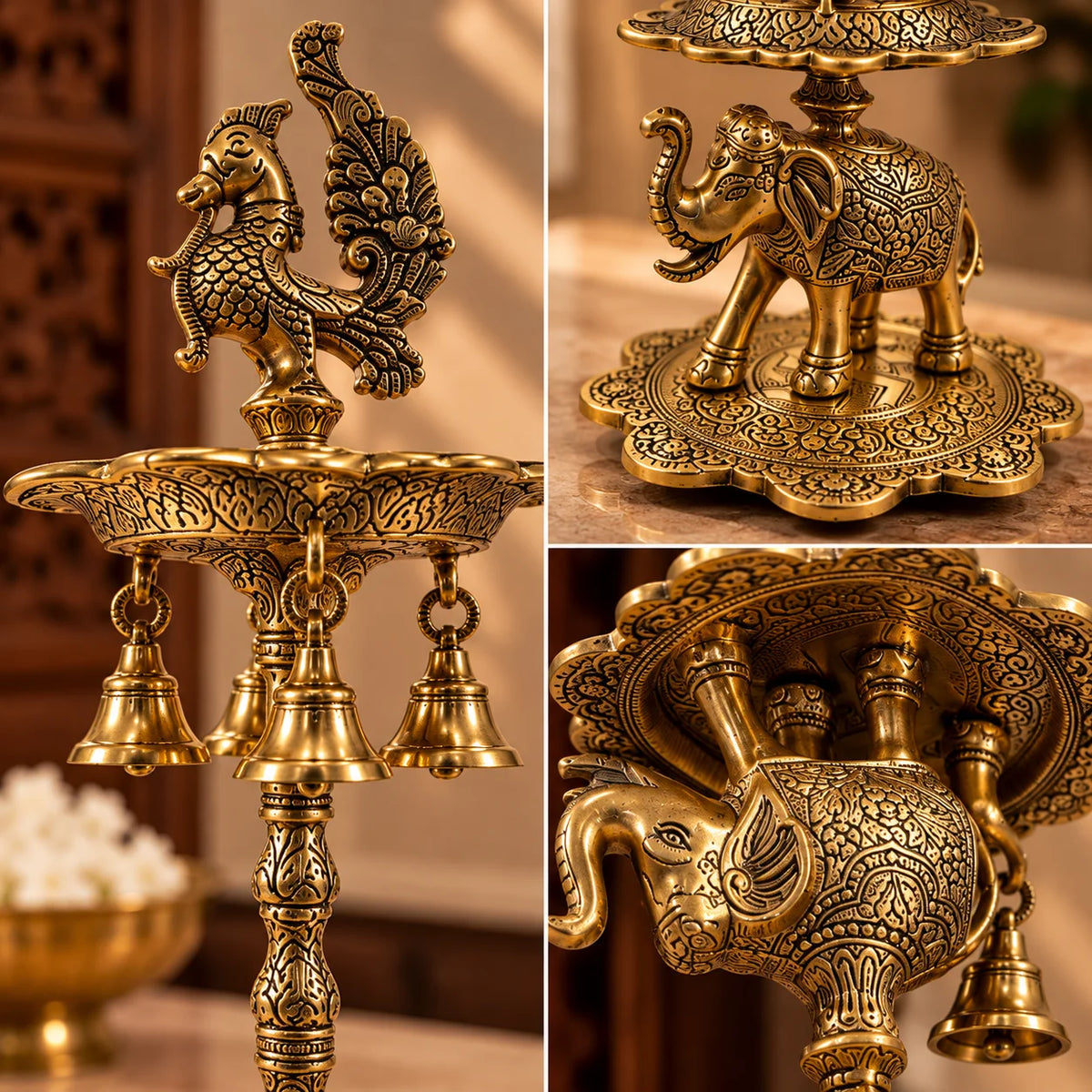 Traditional Brass Pooja Oil Lamp | Decorative Diya with Elephant & Peacock Design