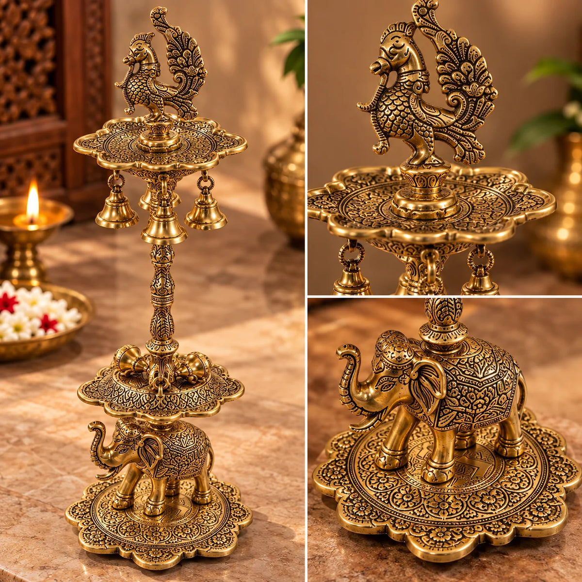 Traditional Brass Pooja Oil Lamp | Decorative Diya with Elephant & Peacock Design