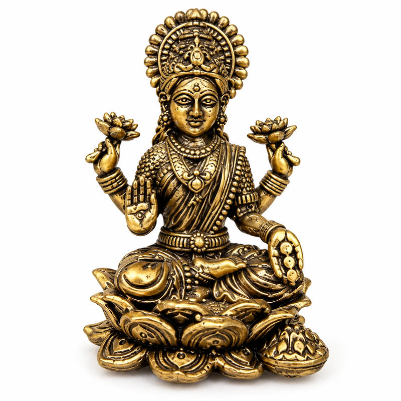 Brass Goddess Lakshmi Idol on Lotus Base - Traditional Decorative Hindu Temple Murti