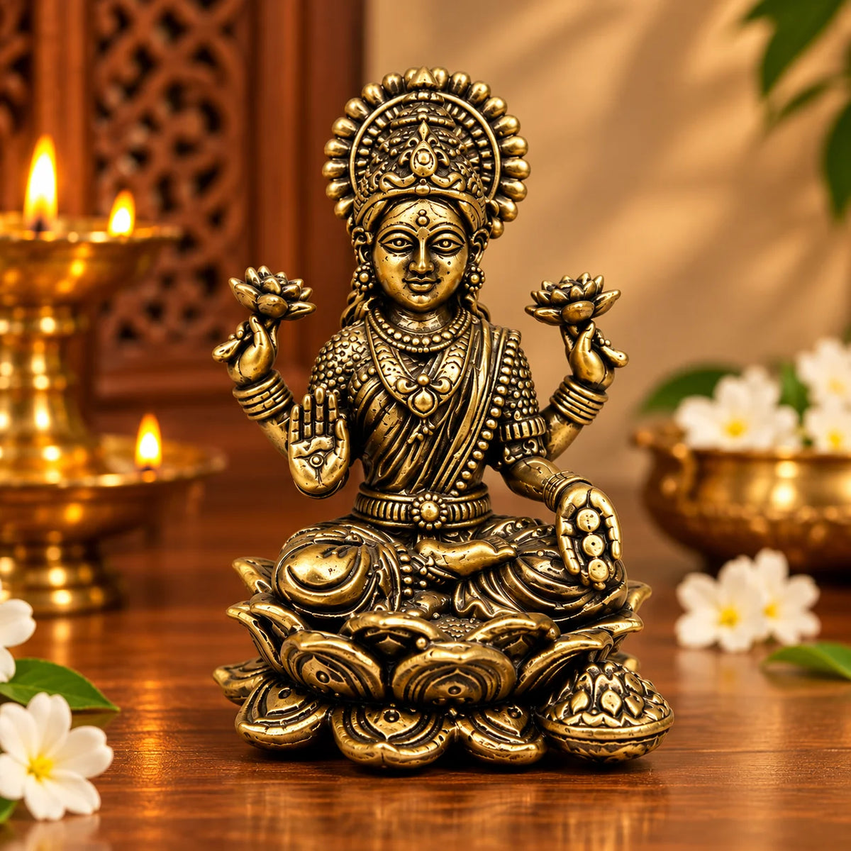 Brass Goddess Lakshmi Idol on Lotus Base - Traditional Decorative Hindu Temple Murti
