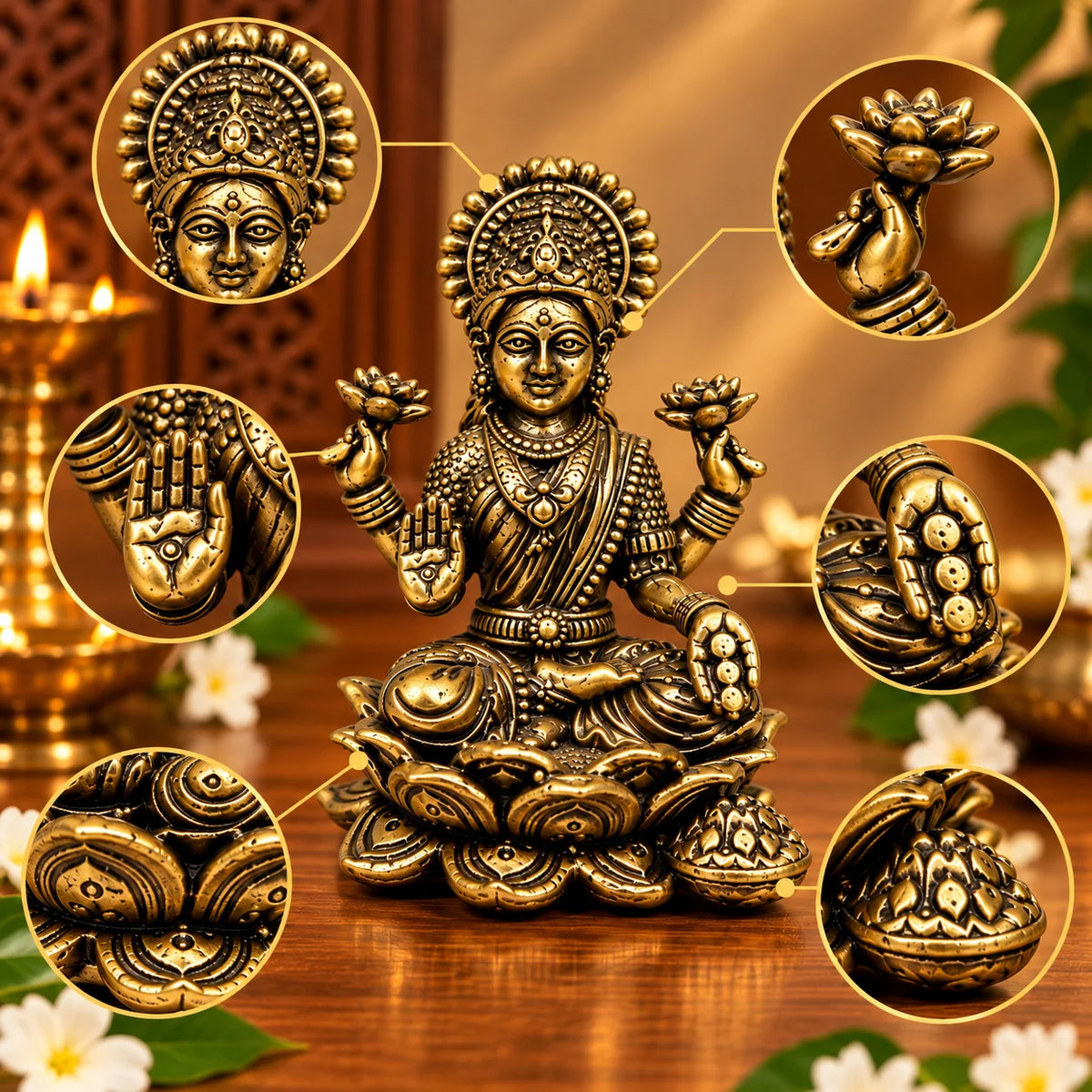 Brass Goddess Lakshmi Idol on Lotus Base - Traditional Decorative Hindu Temple Murti