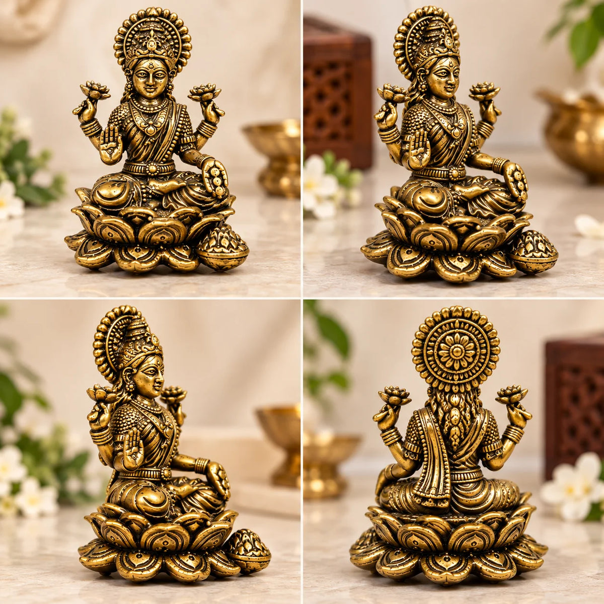 Brass Goddess Lakshmi Idol on Lotus Base - Traditional Decorative Hindu Temple Murti