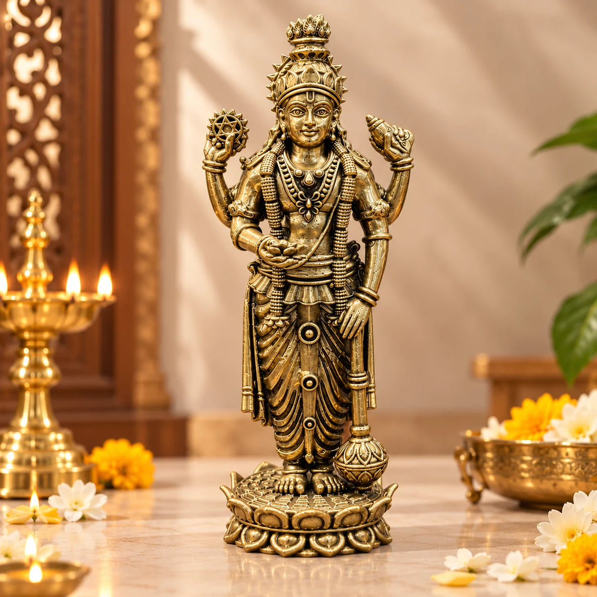Antique Gold Lord Vishnu Idol – Traditional Decorative Statue with Lotus Base