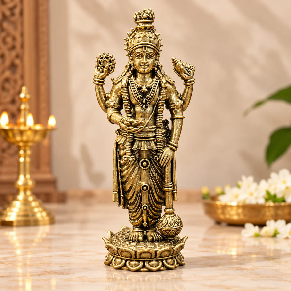 Antique Gold Lord Vishnu Idol – Traditional Decorative Statue with Lotus Base