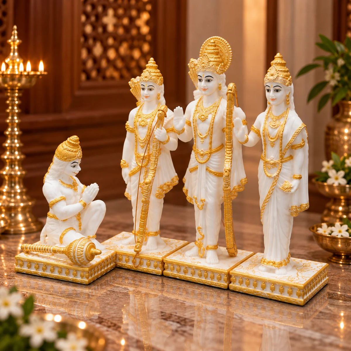 White & Gold Ram Darbar Idol with Lord Ram, Sita, Lakshman and Hanuman Ji