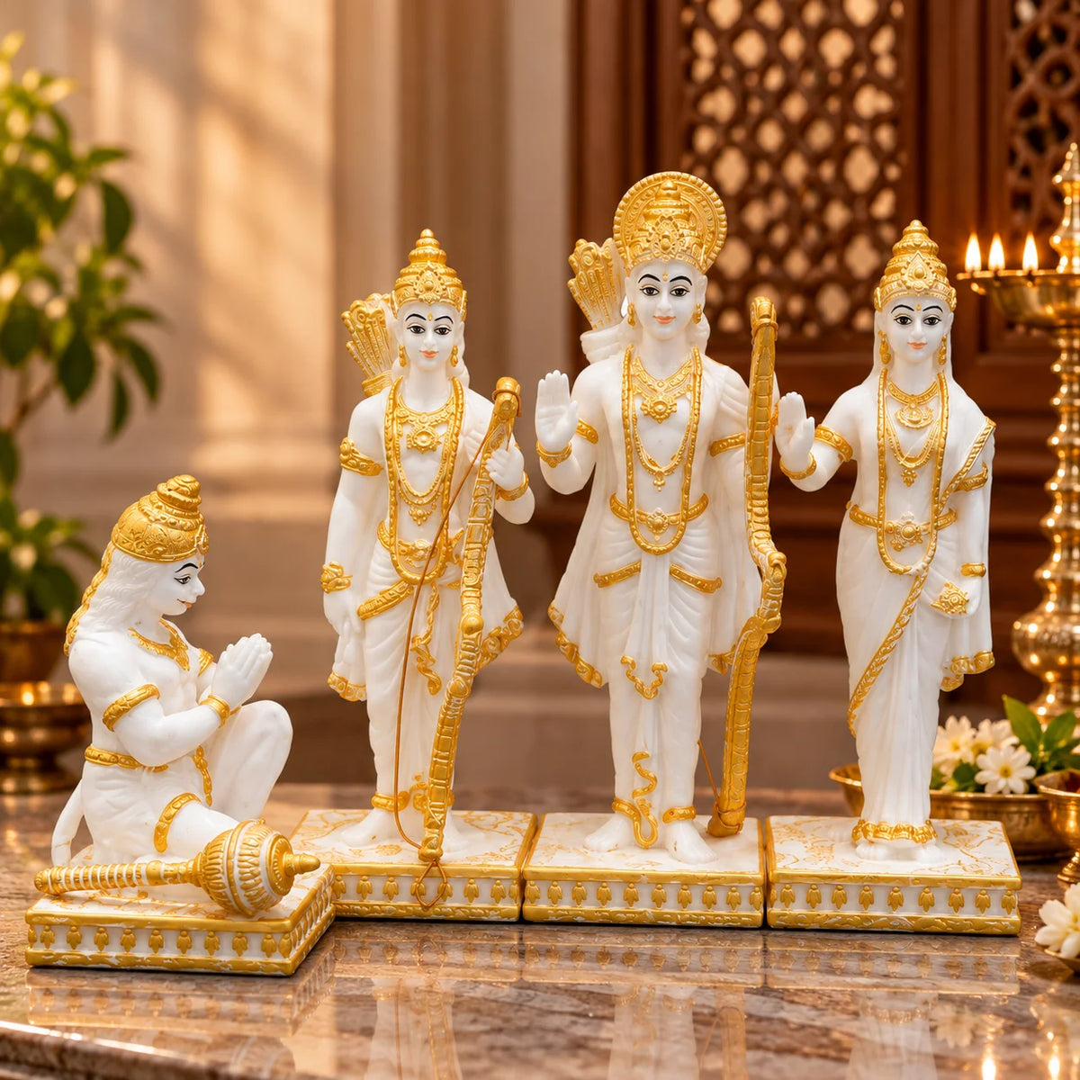 White & Gold Ram Darbar Idol with Lord Ram, Sita, Lakshman and Hanuman Ji