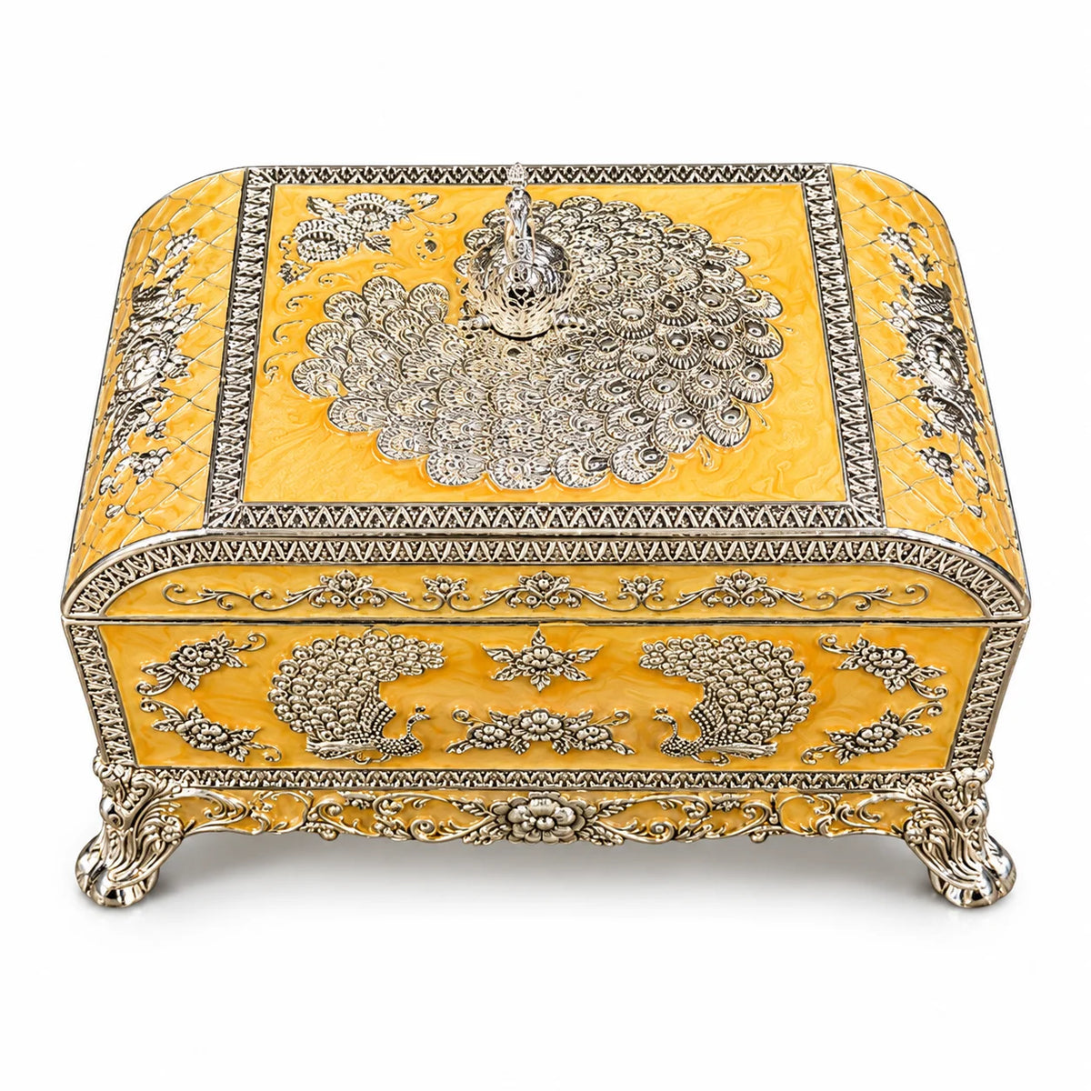 Yellow Peacock Embossed Decorative Jewellery Box