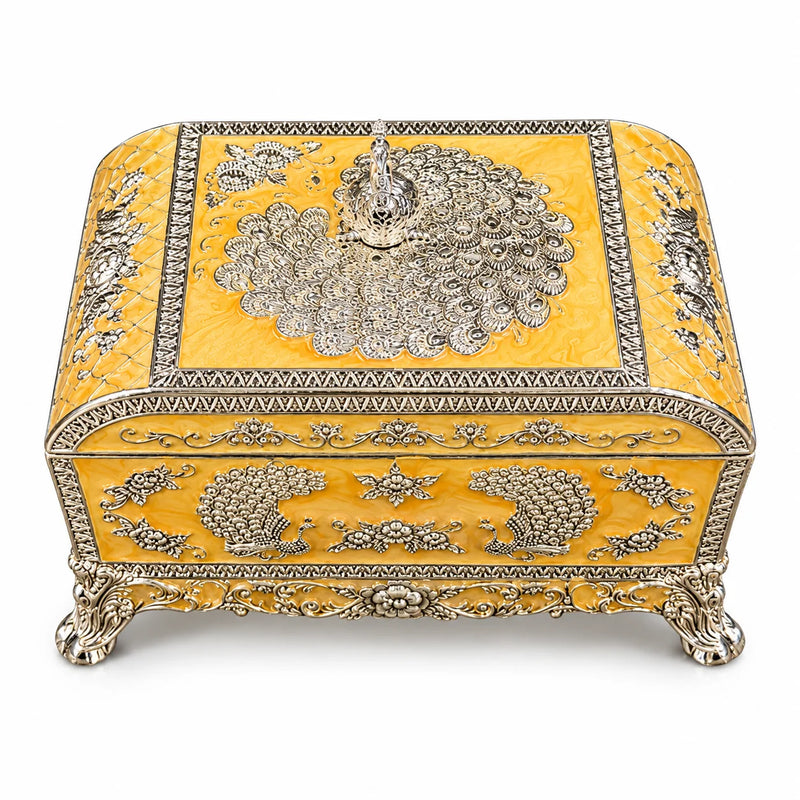 Yellow Peacock Embossed Decorative Jewellery Box