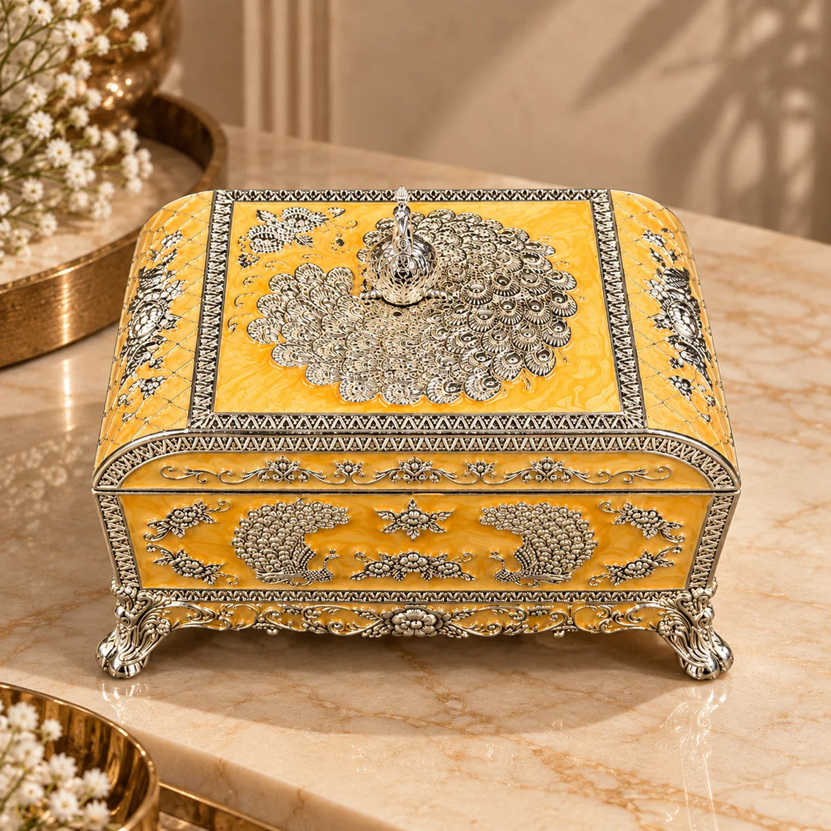 Yellow Peacock Embossed Decorative Jewellery Box