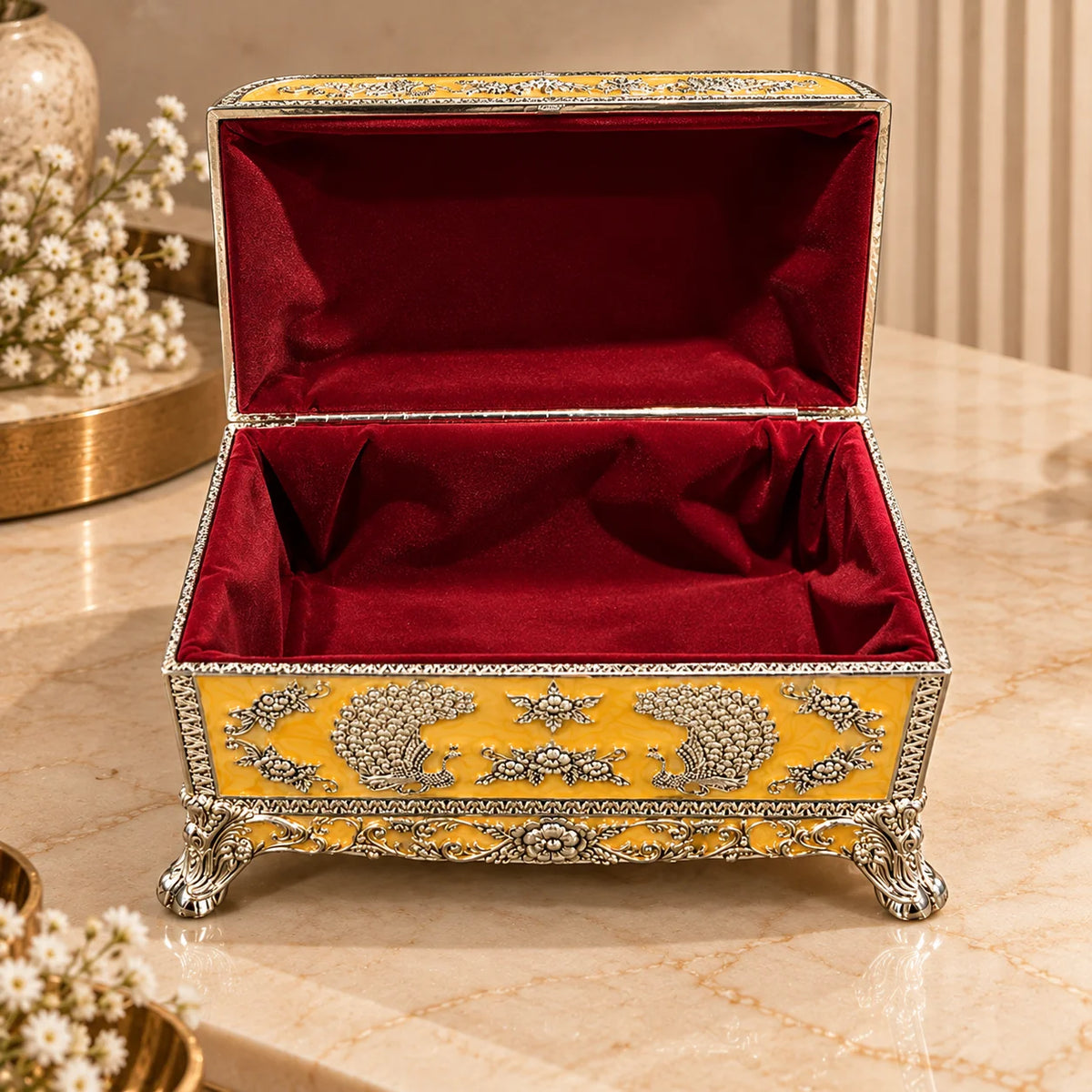 Yellow Peacock Embossed Decorative Jewellery Box