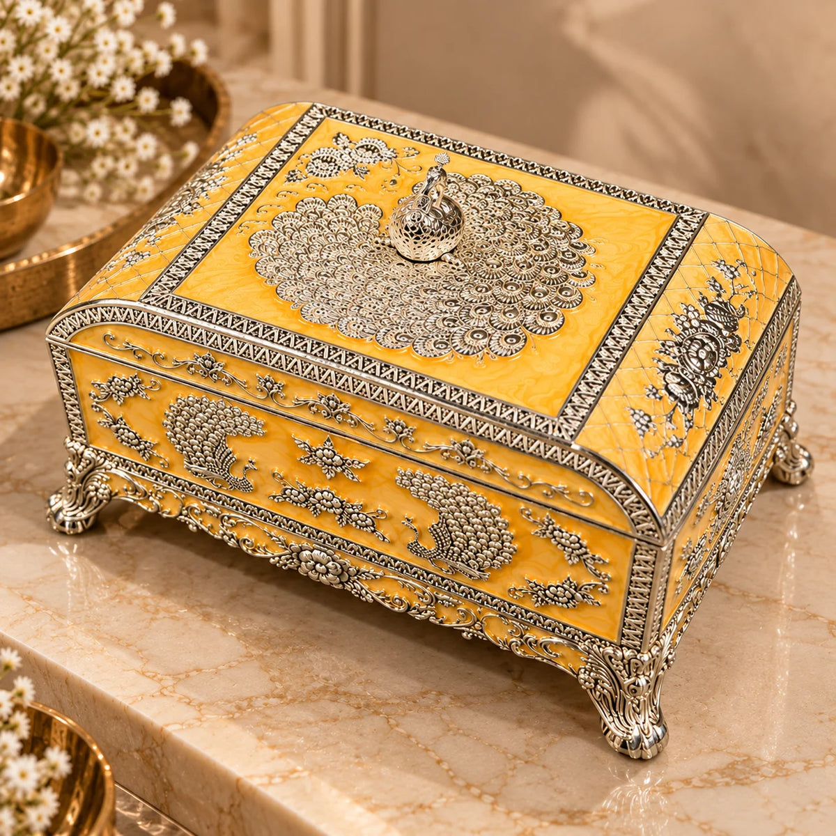 Yellow Peacock Embossed Decorative Jewellery Box