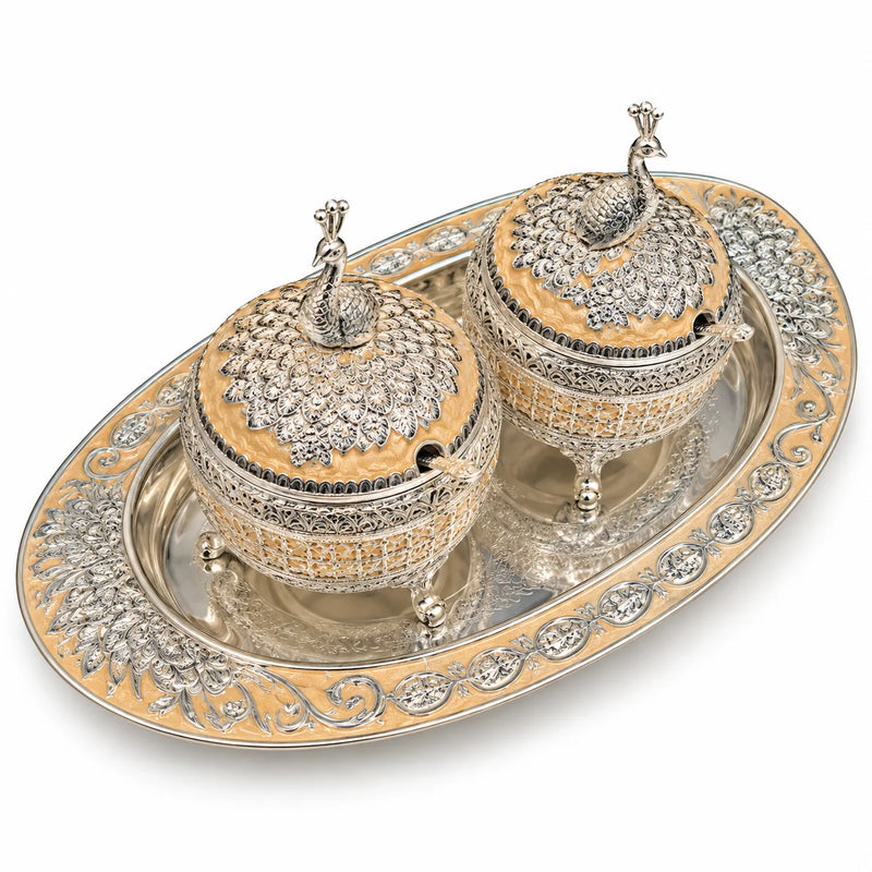 Mustard Yellow Silver Embossed Decorative Twin Bowl Set with Oval Tray