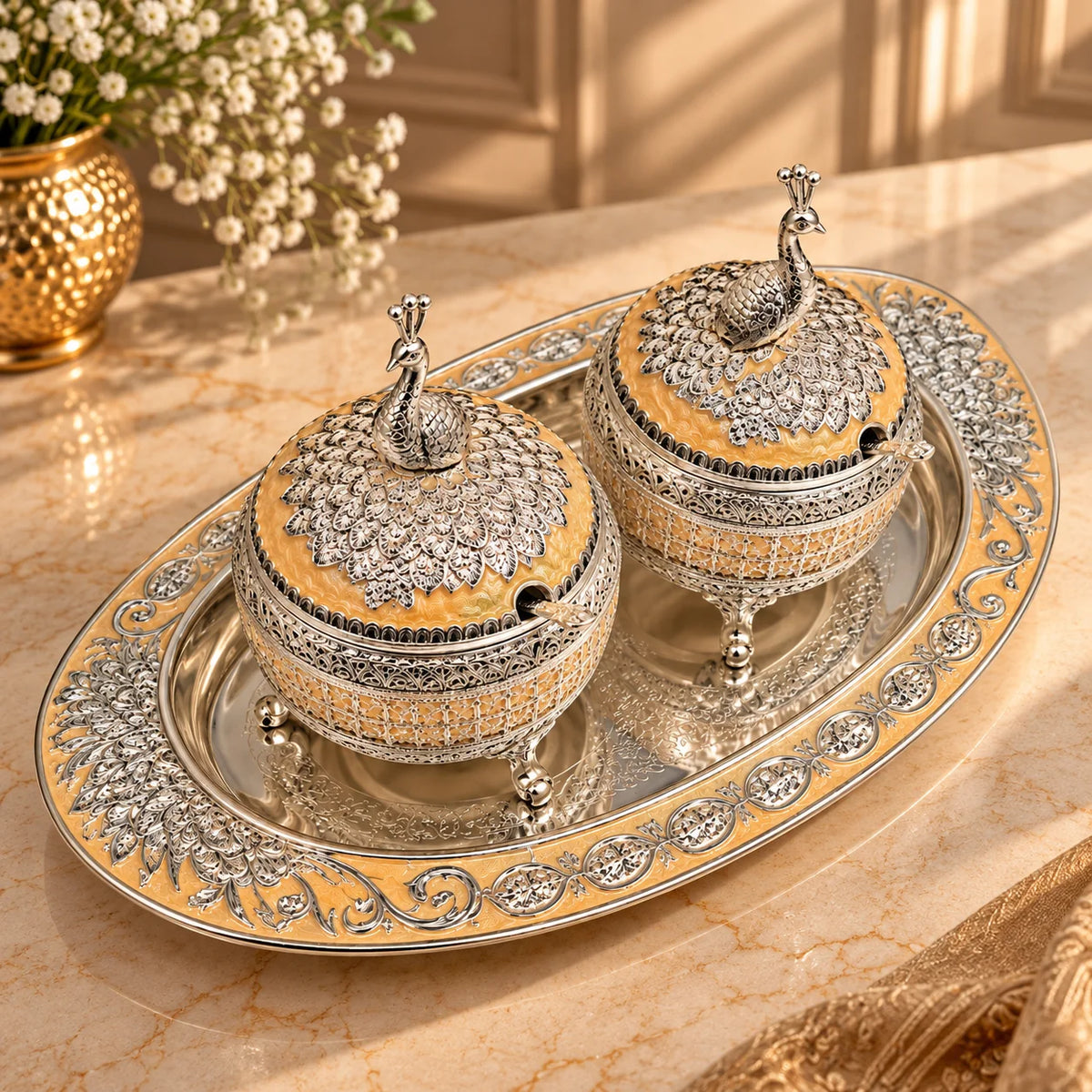 Mustard Yellow Silver Embossed Decorative Twin Bowl Set with Oval Tray