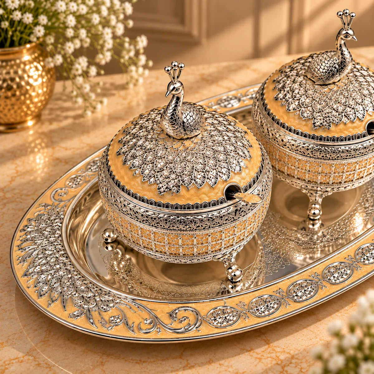 Mustard Yellow Silver Embossed Decorative Twin Bowl Set with Oval Tray