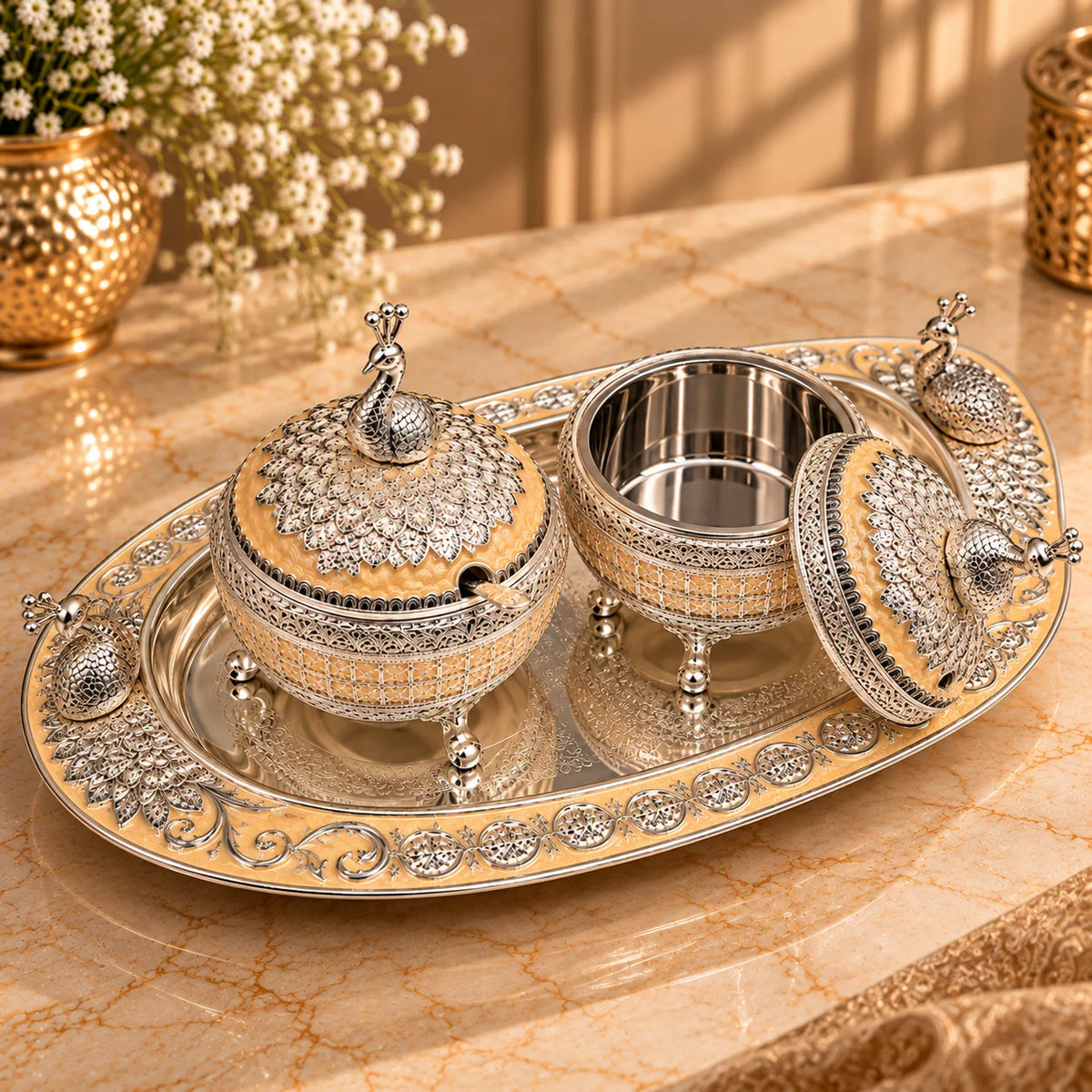 Mustard Yellow Silver Embossed Decorative Twin Bowl Set with Oval Tray