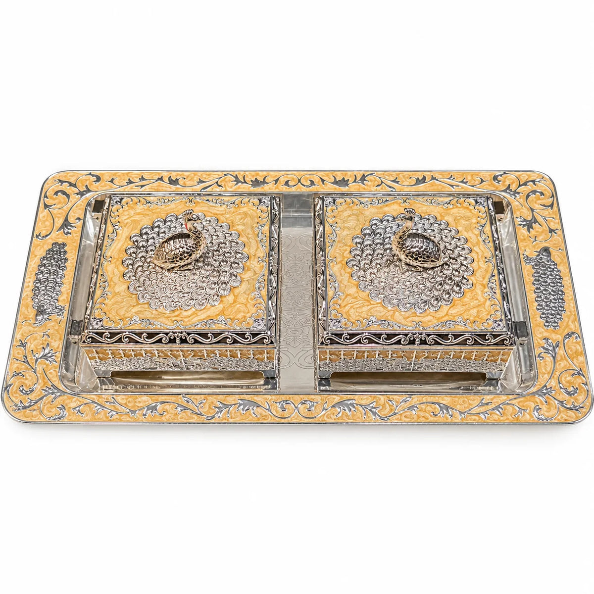 Mustard Yellow Silver Embossed Decorative Twin Box Set with Tray