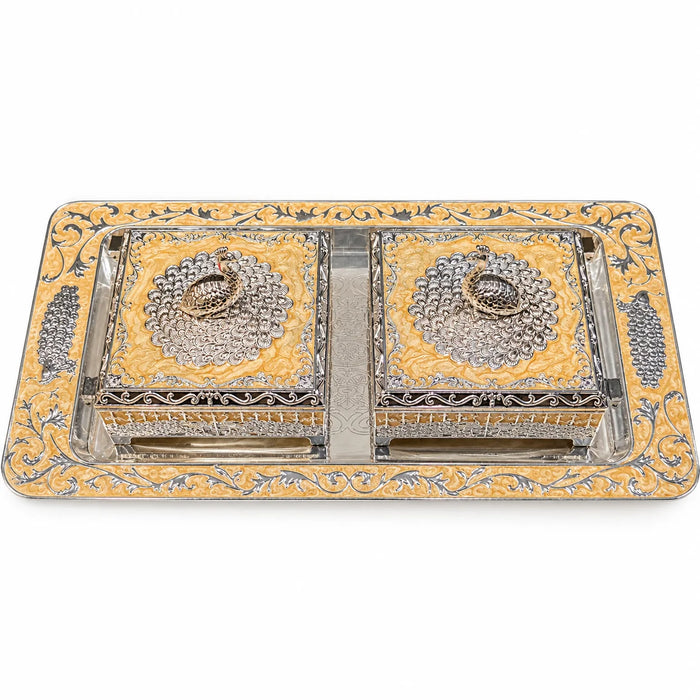 Mustard Yellow Silver Embossed Decorative Twin Box Set with Tray