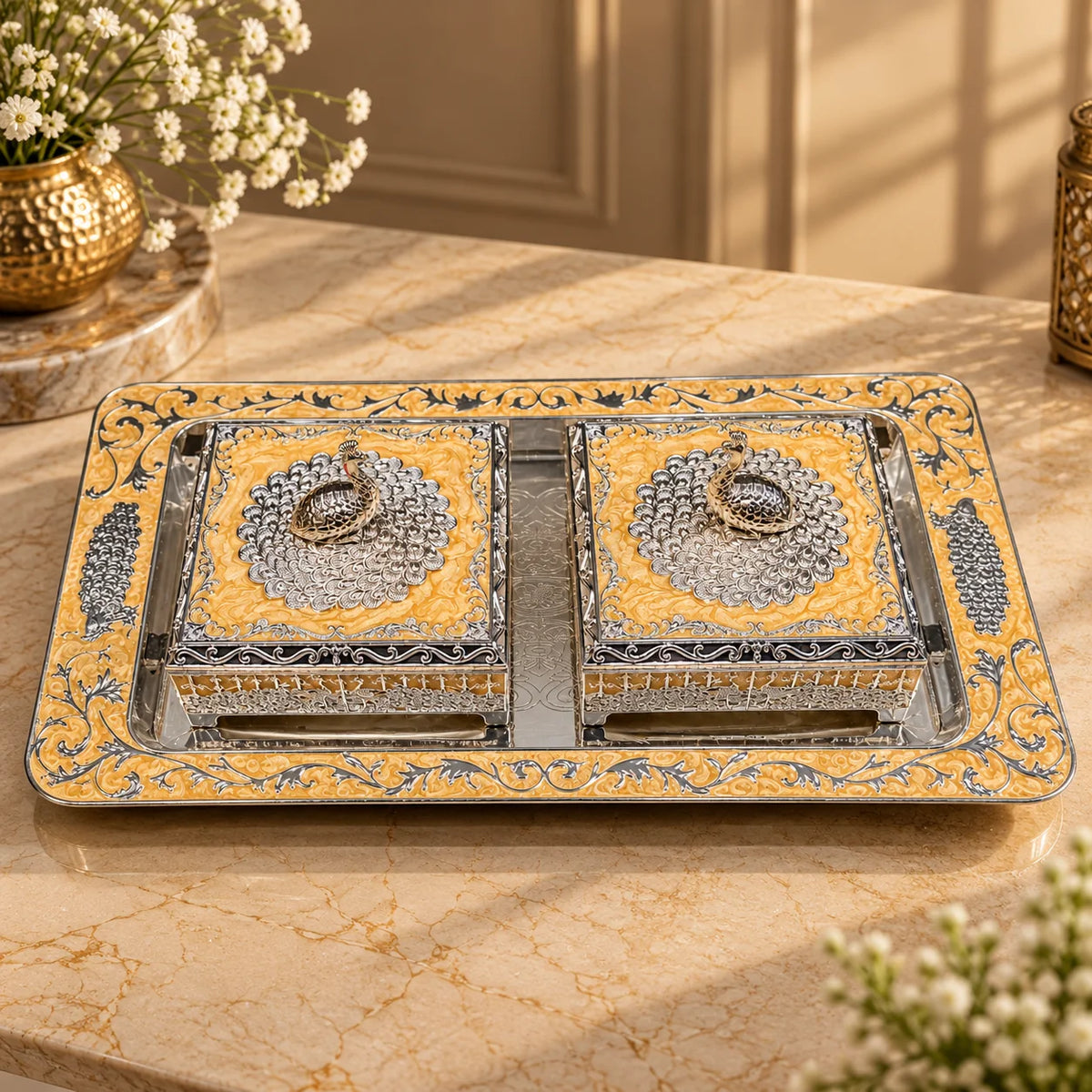Mustard Yellow Silver Embossed Decorative Twin Box Set with Tray