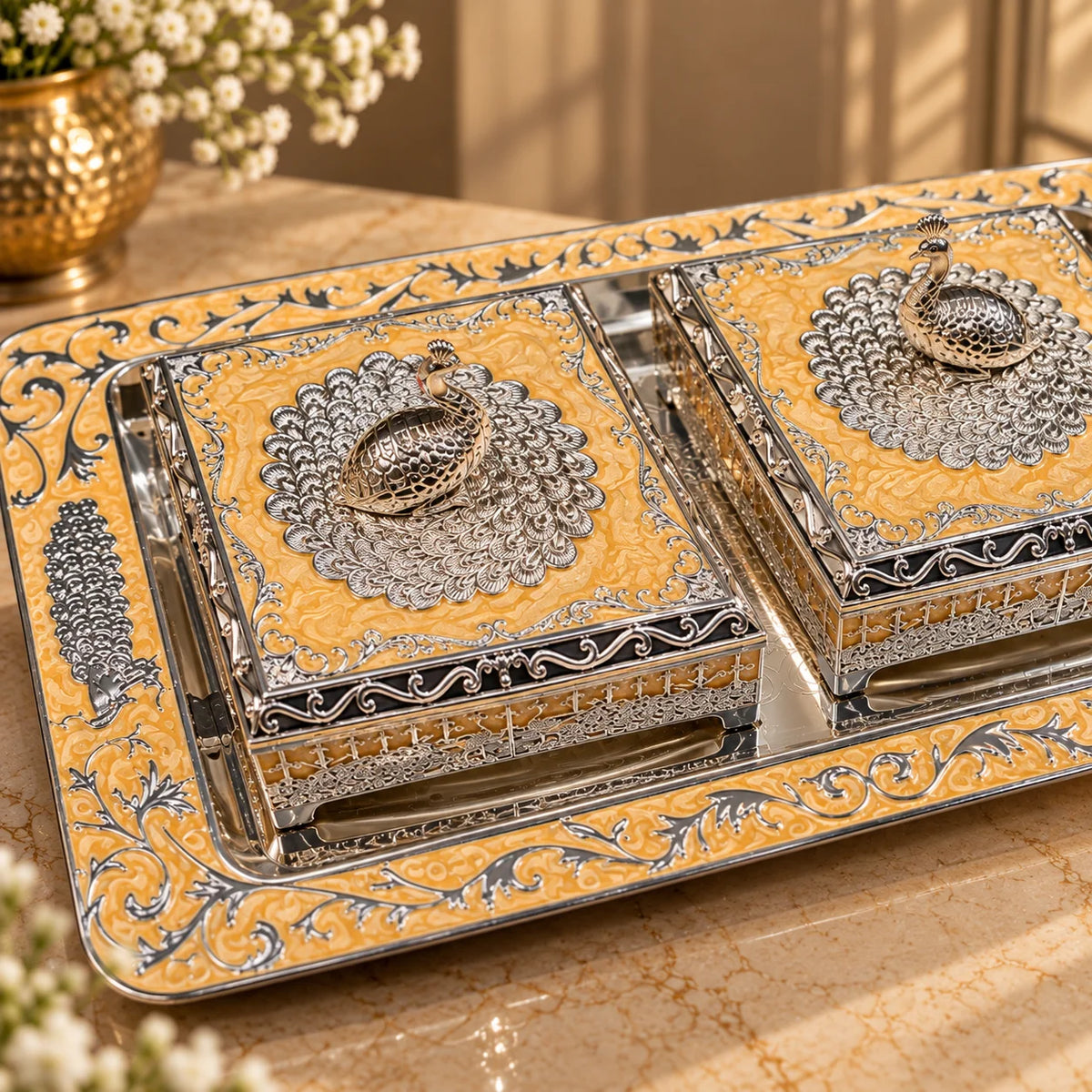 Mustard Yellow Silver Embossed Decorative Twin Box Set with Tray