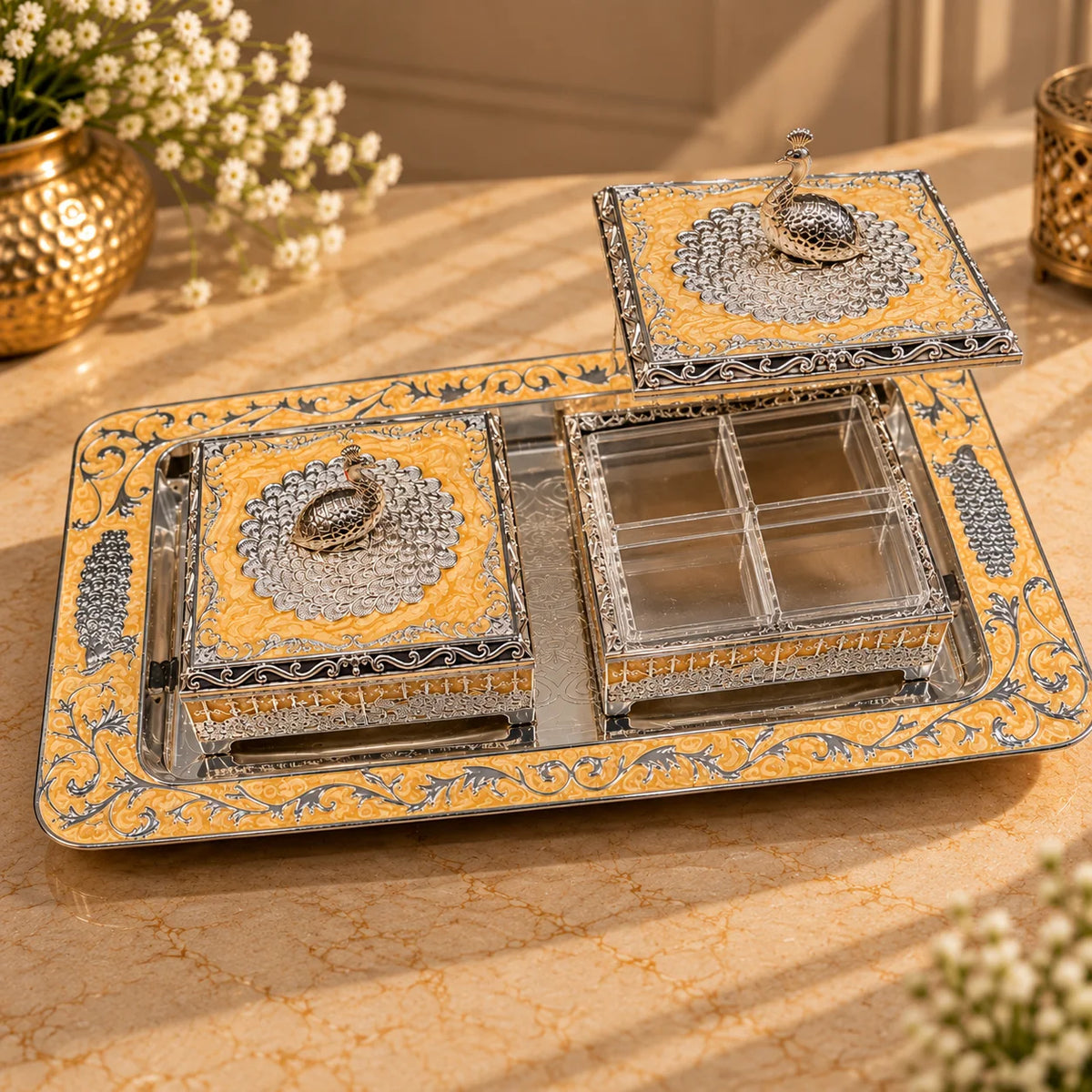 Mustard Yellow Silver Embossed Decorative Twin Box Set with Tray