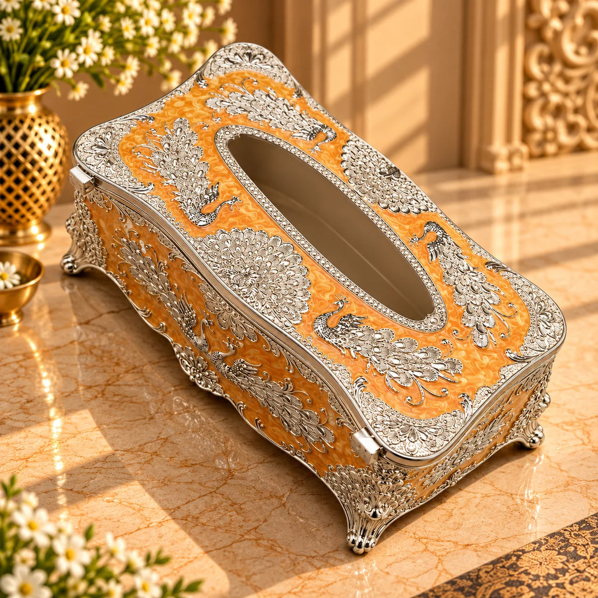 Yellow Peacock Decorative Tissue Box Holder