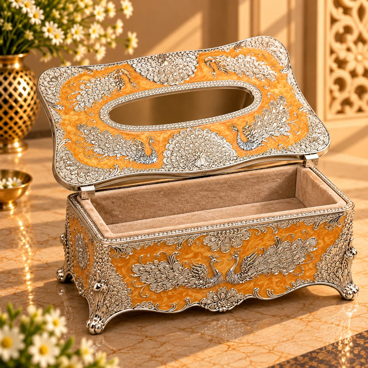Yellow Peacock Decorative Tissue Box Holder