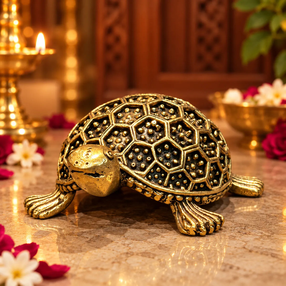 Antique Golden Decorative Tortoise Figurine with Geometric Shell Design